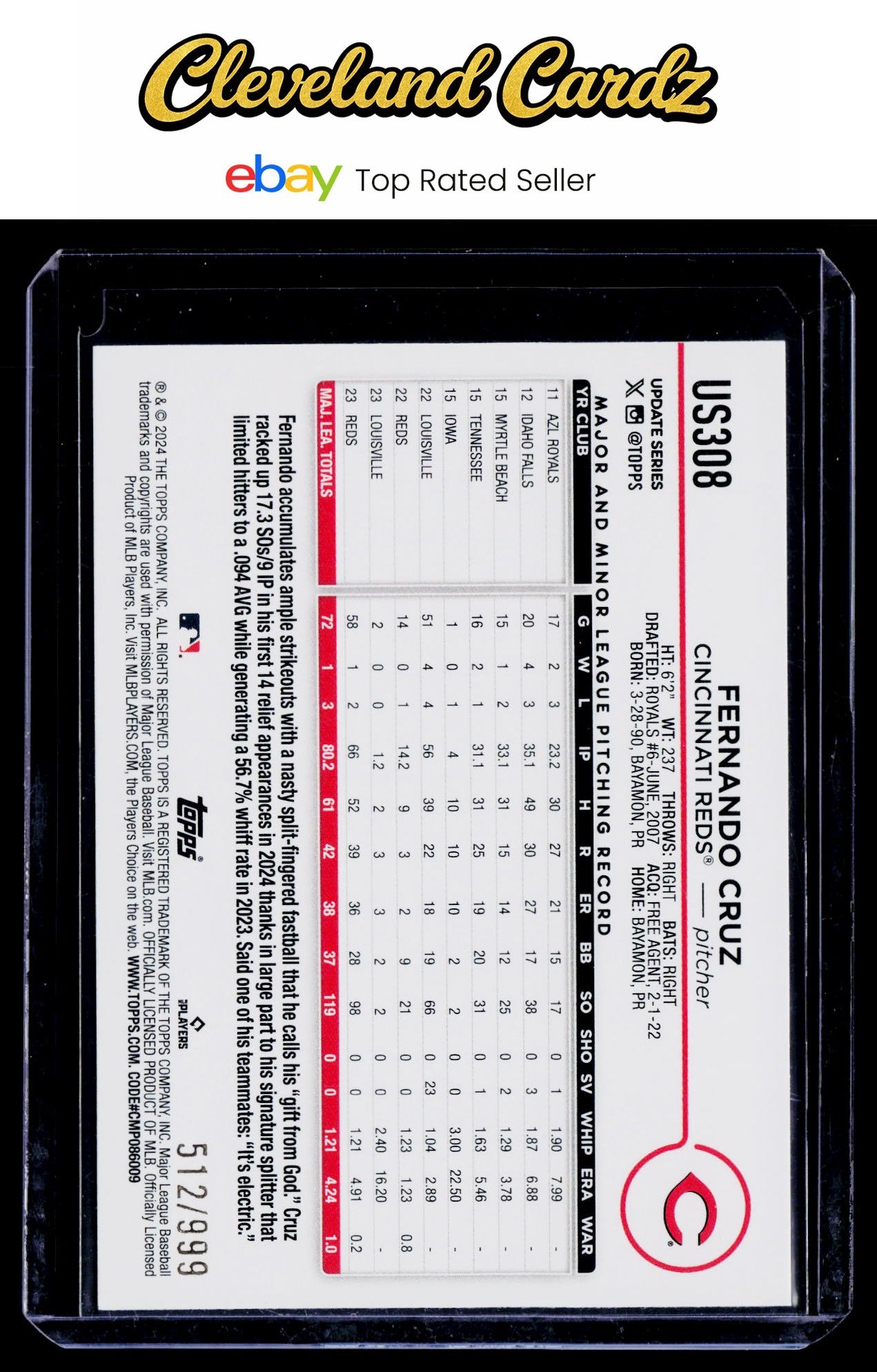 2024 Topps Update #US308 Fernando Cruz Blue Holofoil #/999 RC