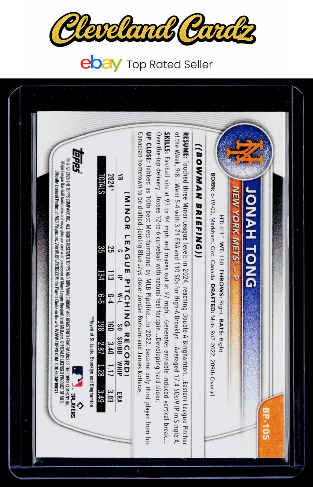 2025 Bowman #BP-105 Jonah Tong Prospects