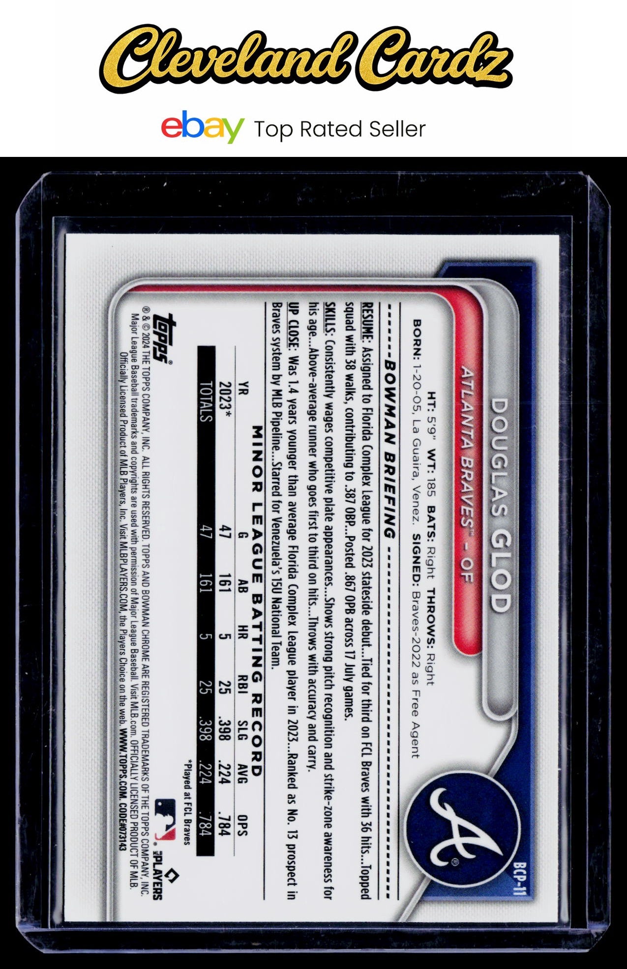 2024 Bowman #BCP-11 Douglas Glod Chrome Prospects Lunar Glow Refractors
