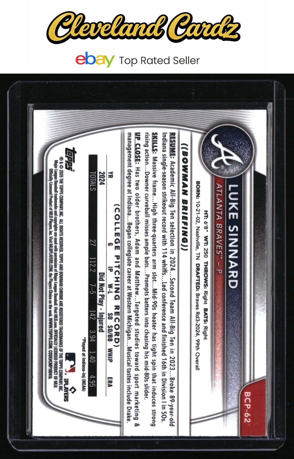2025 Bowman #BCP-62 Luke Sinnard Chrome Prospects