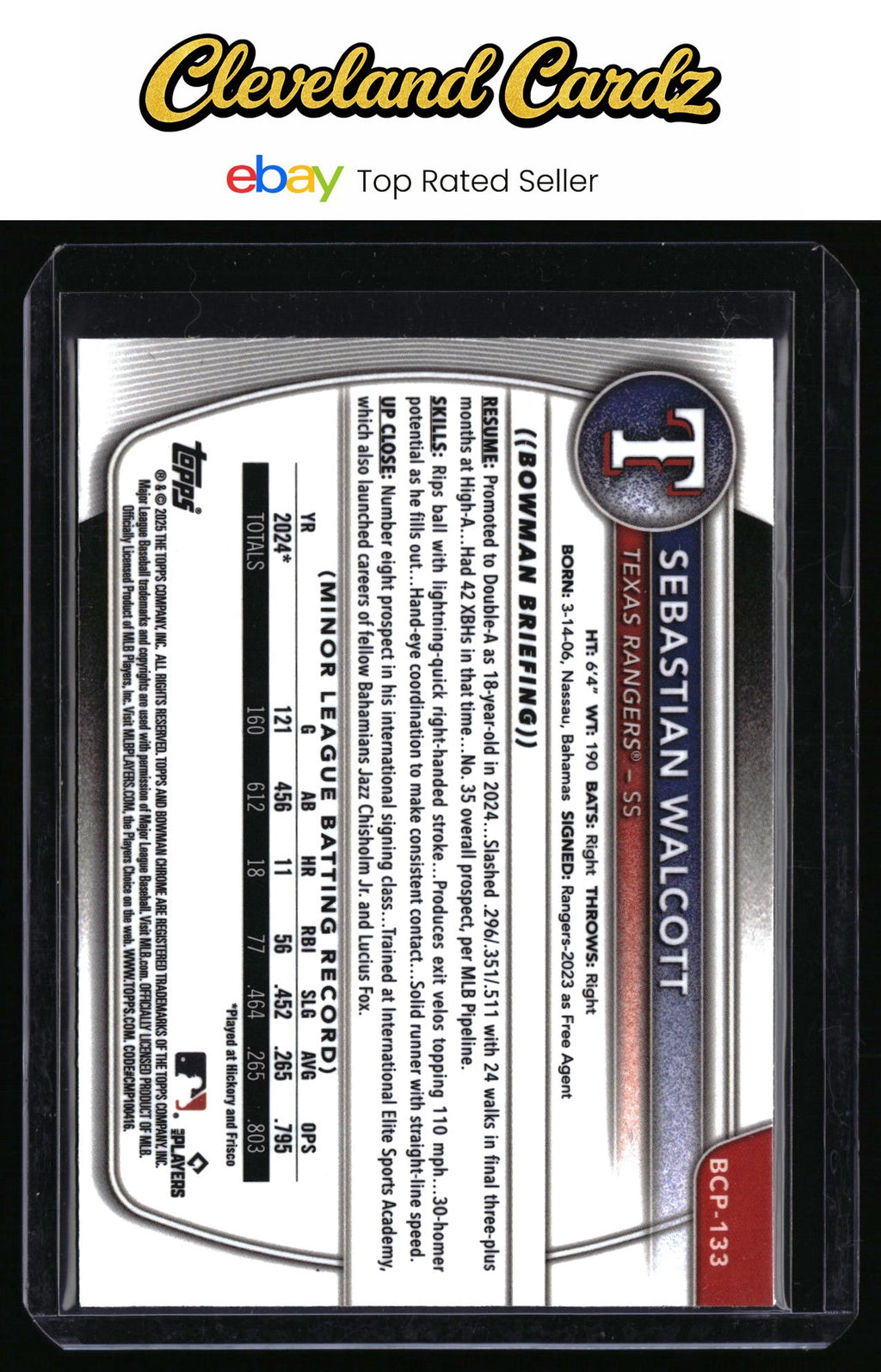 2025 Bowman #BCP-133 Sebastian Walcott Chrome Prospects