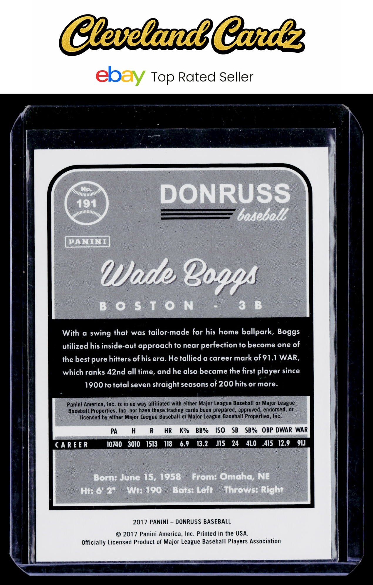 2017 Donruss #191 Wade Boggs : "Chicken Man" (.368 BA 1985)