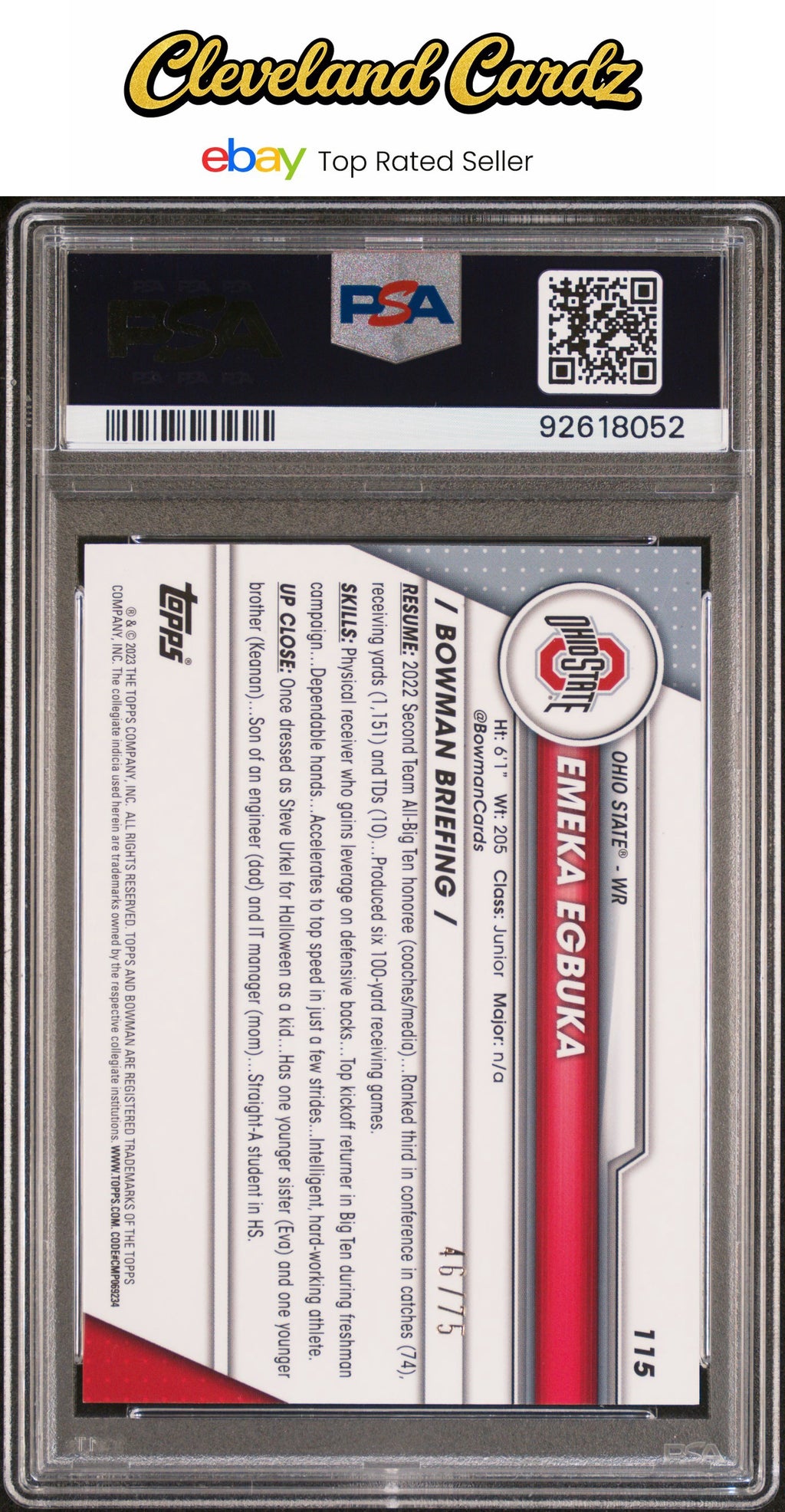 2023 Bowman University Chrome Sapphire #115 Emeka Egbuka Yellow #/75 PSA 10 #/75