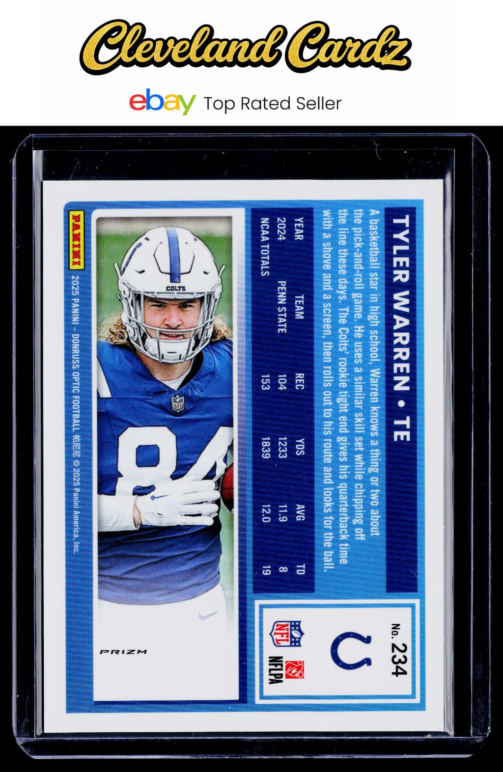 2025 Donruss Optic #234 Tyler Warren Blue Hyper Rated Rookie RC