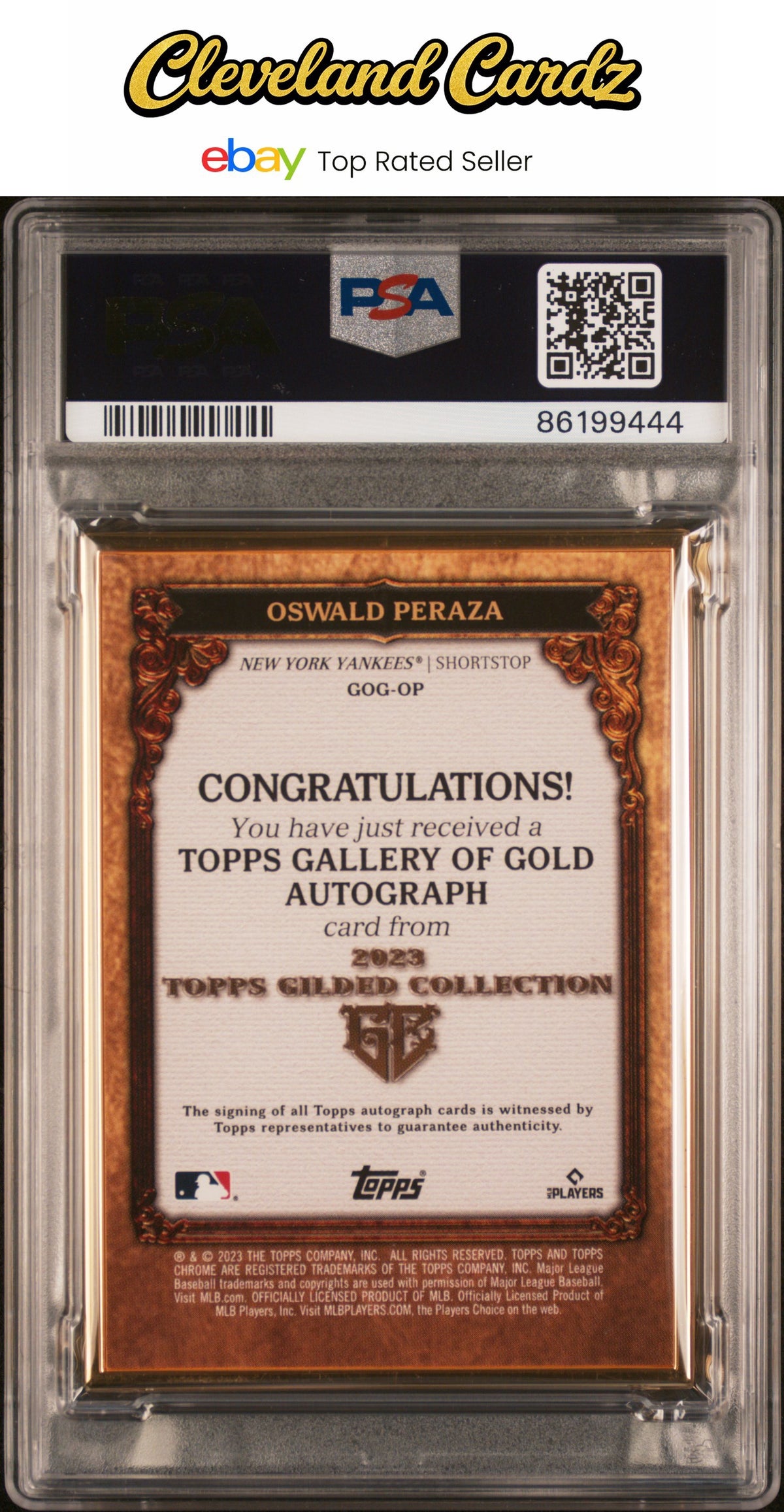 2023 Topps Gilded Collect. Gallery Of Gold Auto #GOGOP Oswald Peraza #/50 PSA 9