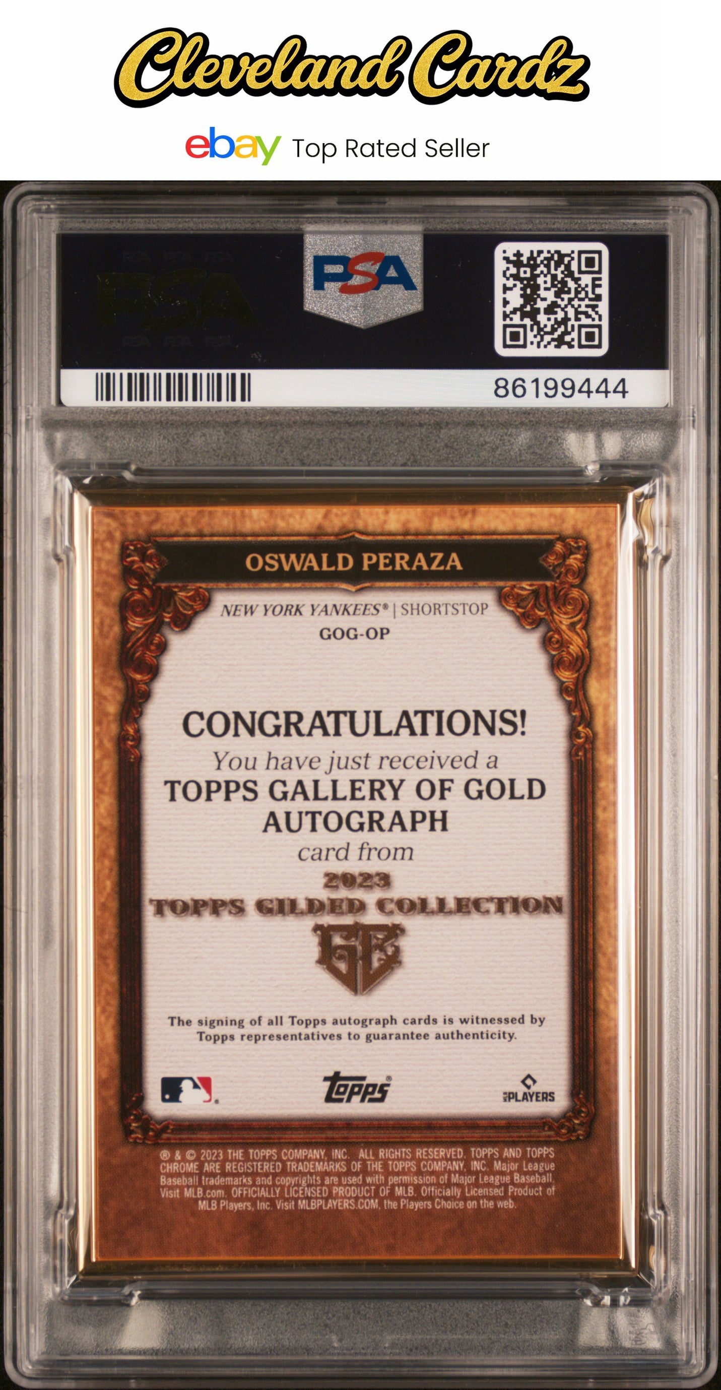2023 Topps Gilded Collect. Gallery Of Gold Auto #GOGOP Oswald Peraza #/50 PSA 9