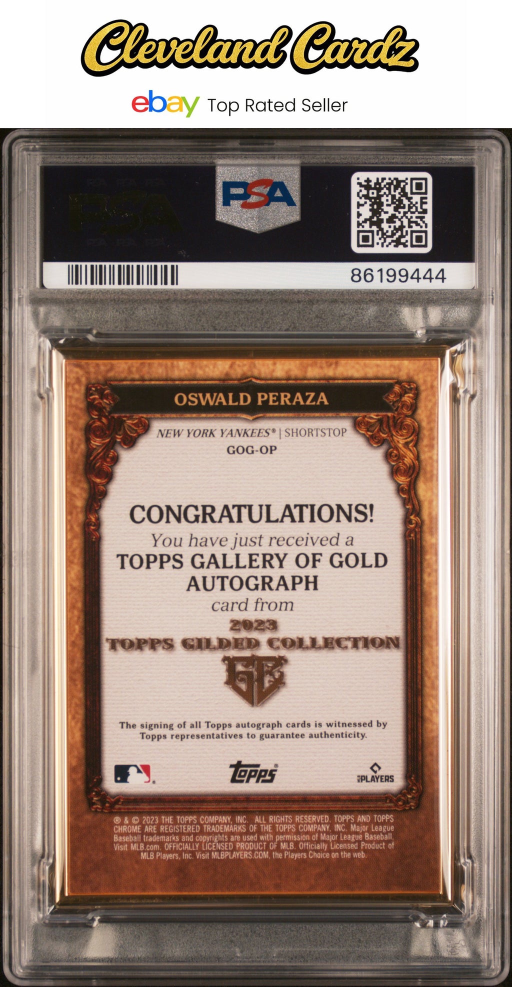 2023 Topps Gilded Collect. Gallery Of Gold Auto #GOGOP Oswald Peraza #/50 PSA 9