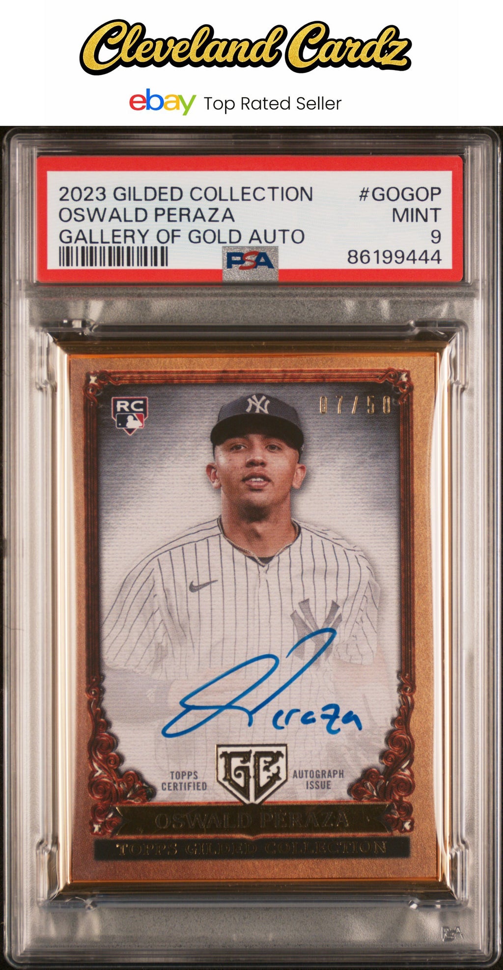 2023 Topps Gilded Collect. Gallery Of Gold Auto #GOGOP Oswald Peraza #/50 PSA 9