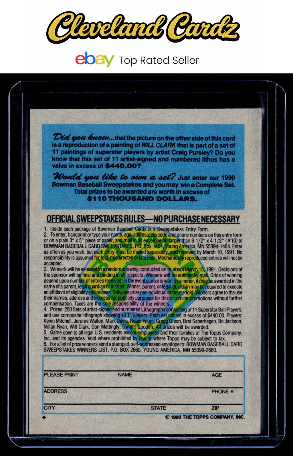 1990 Bowman #NNO Will Clark Sweepstakes