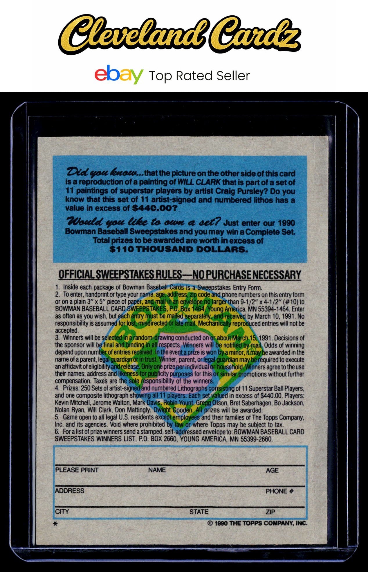1990 Bowman #NNO Will Clark Sweepstakes