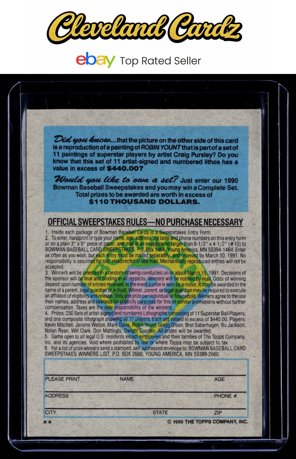 1990 Bowman #NNO Robin Yount Sweepstakes