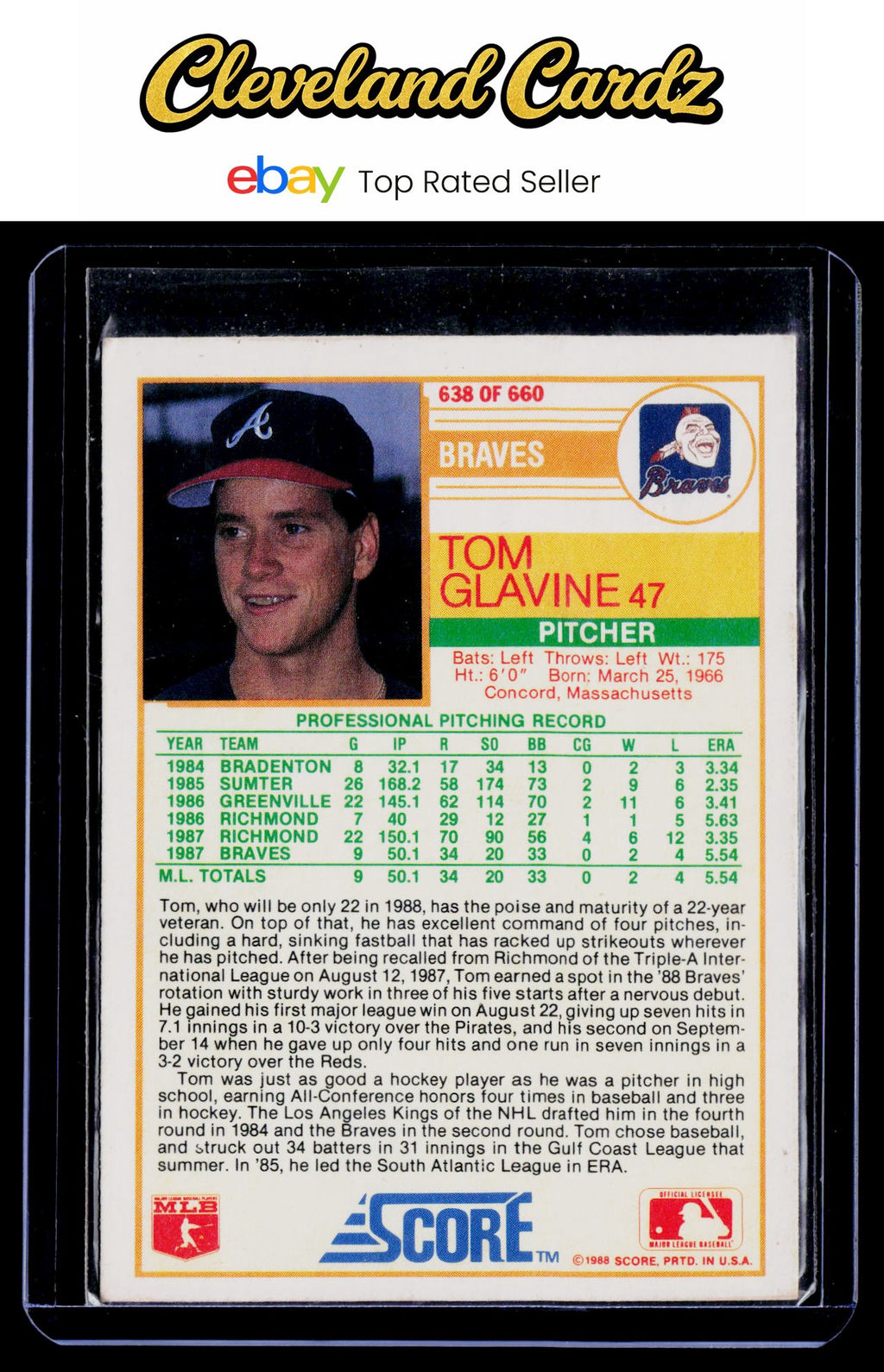 1988 Score #638 Tom Glavine RC