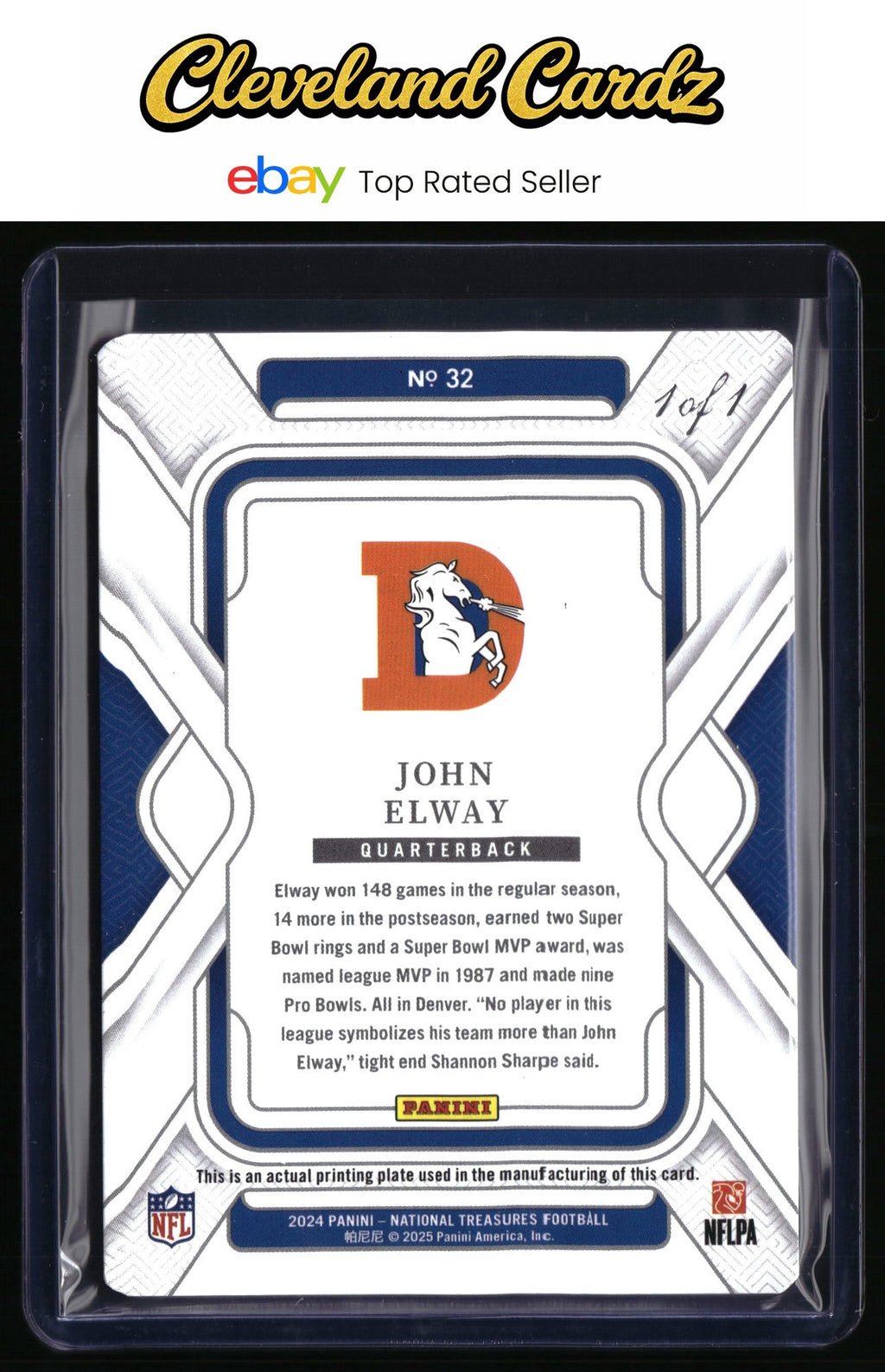 2020 Panini National Treasures #32 John Elway Printing Plate Black #/1