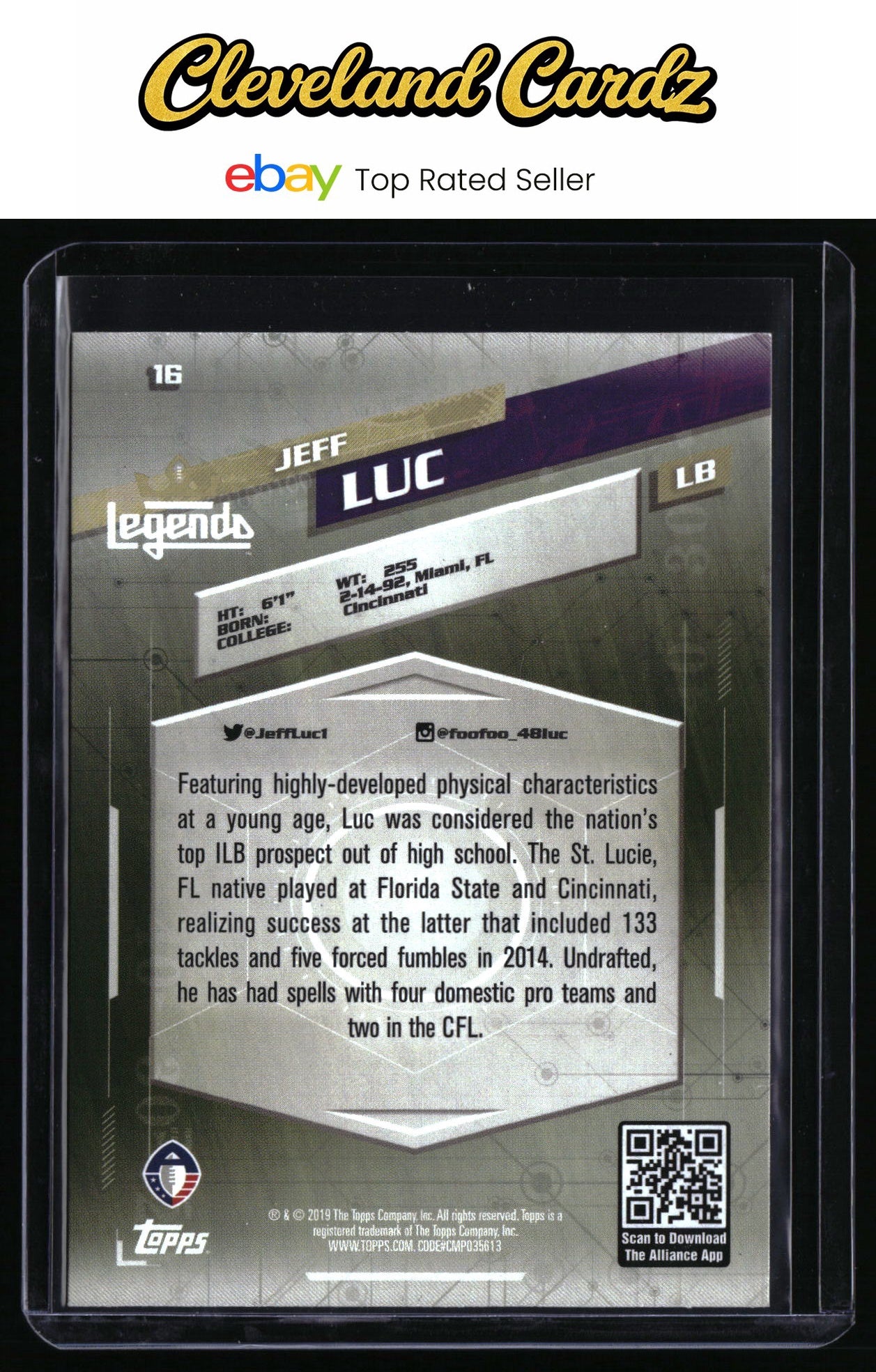 2019 Topps AAF #16 Jeff Luc RC