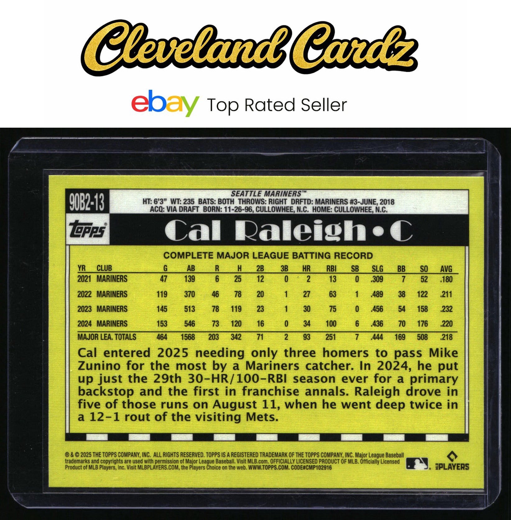2025 Topps #90B2-13 Cal Raleigh 1990 Topps Baseball 35th Anniversary