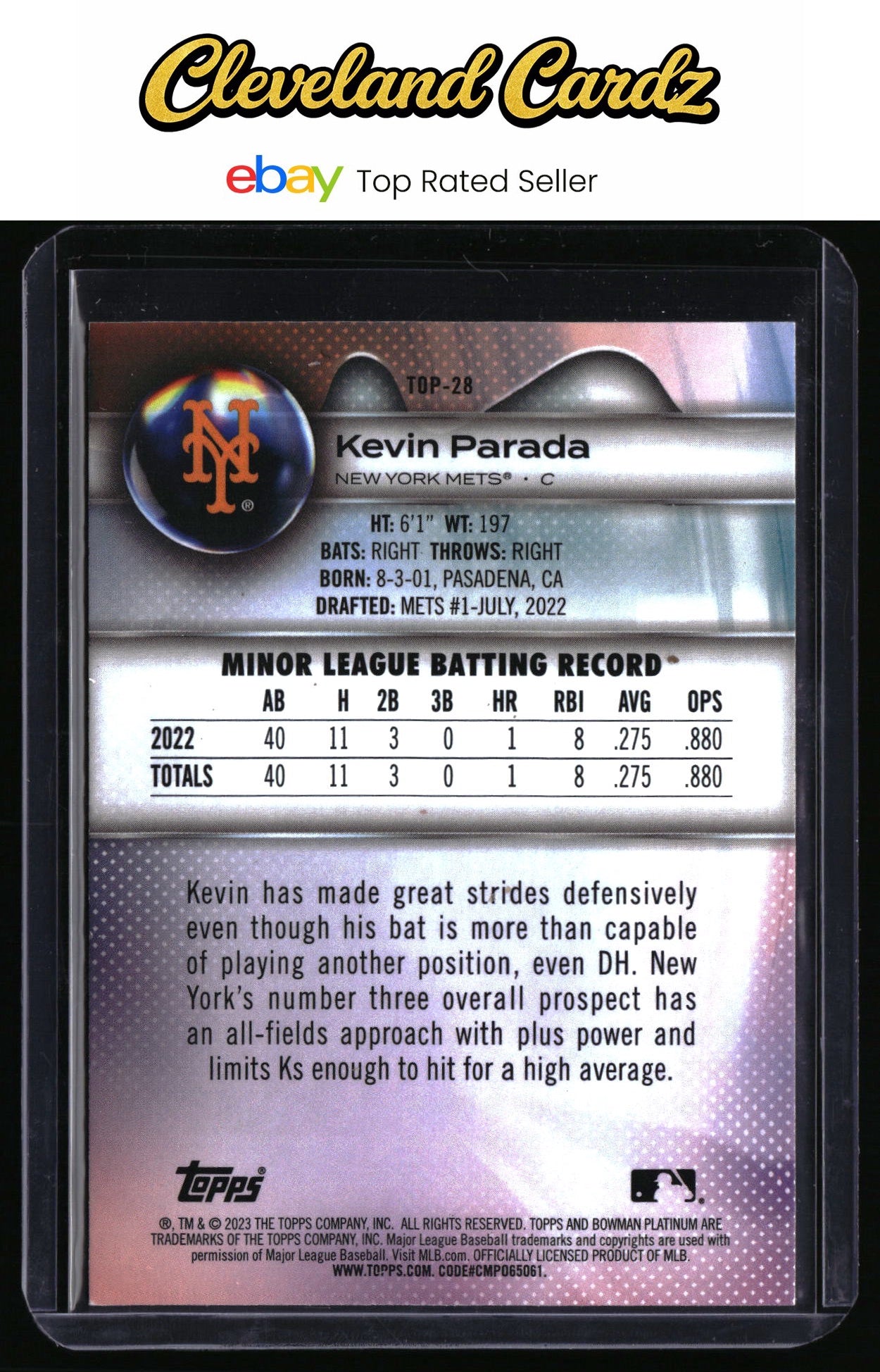 2023 Bowman Platinum #TOP-28 Kevin Parada Top Prospects Ice Foil
