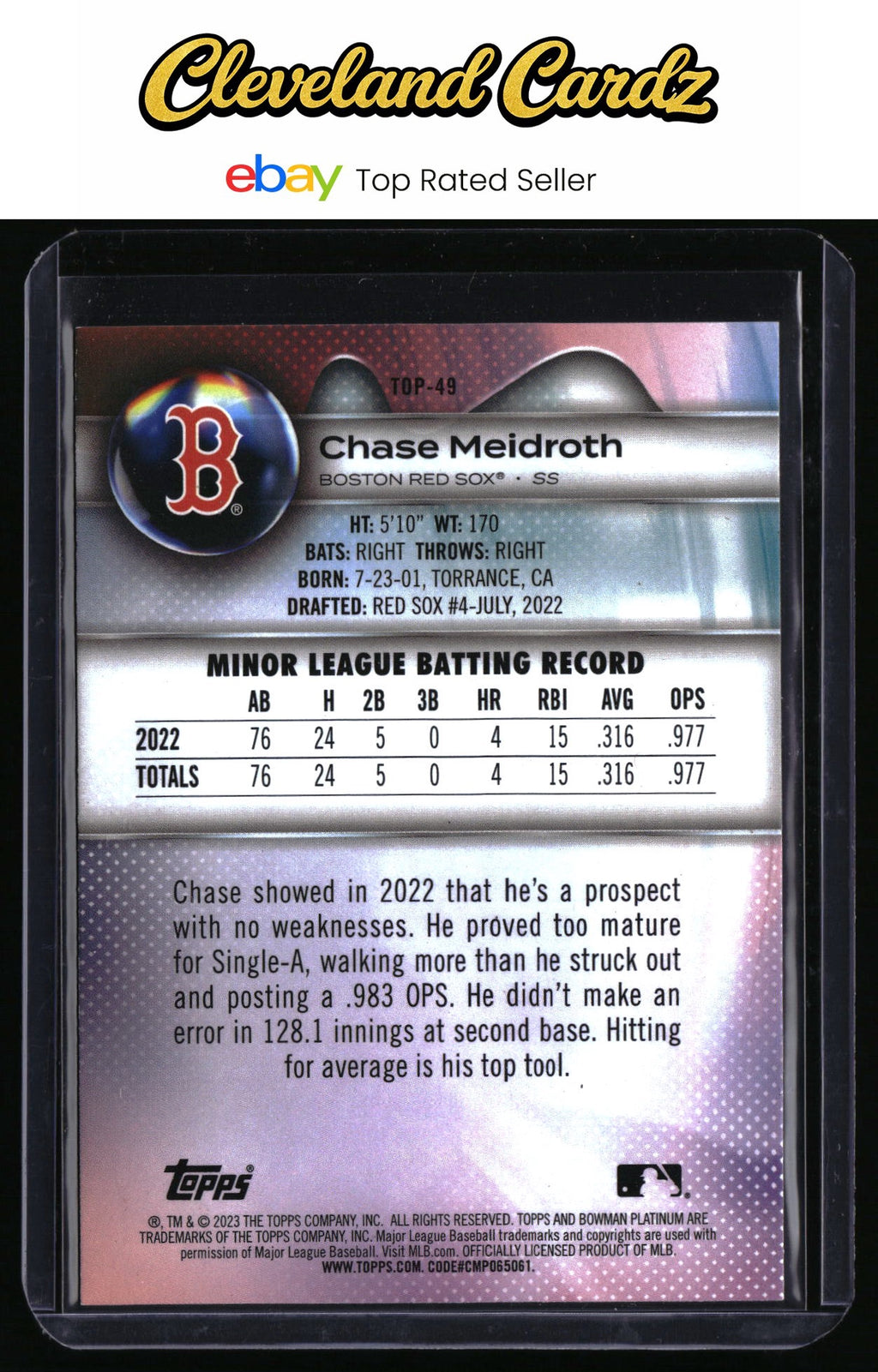 2023 Bowman Platinum #TOP-49 Chase Meidroth Top Prospects Ice Foil