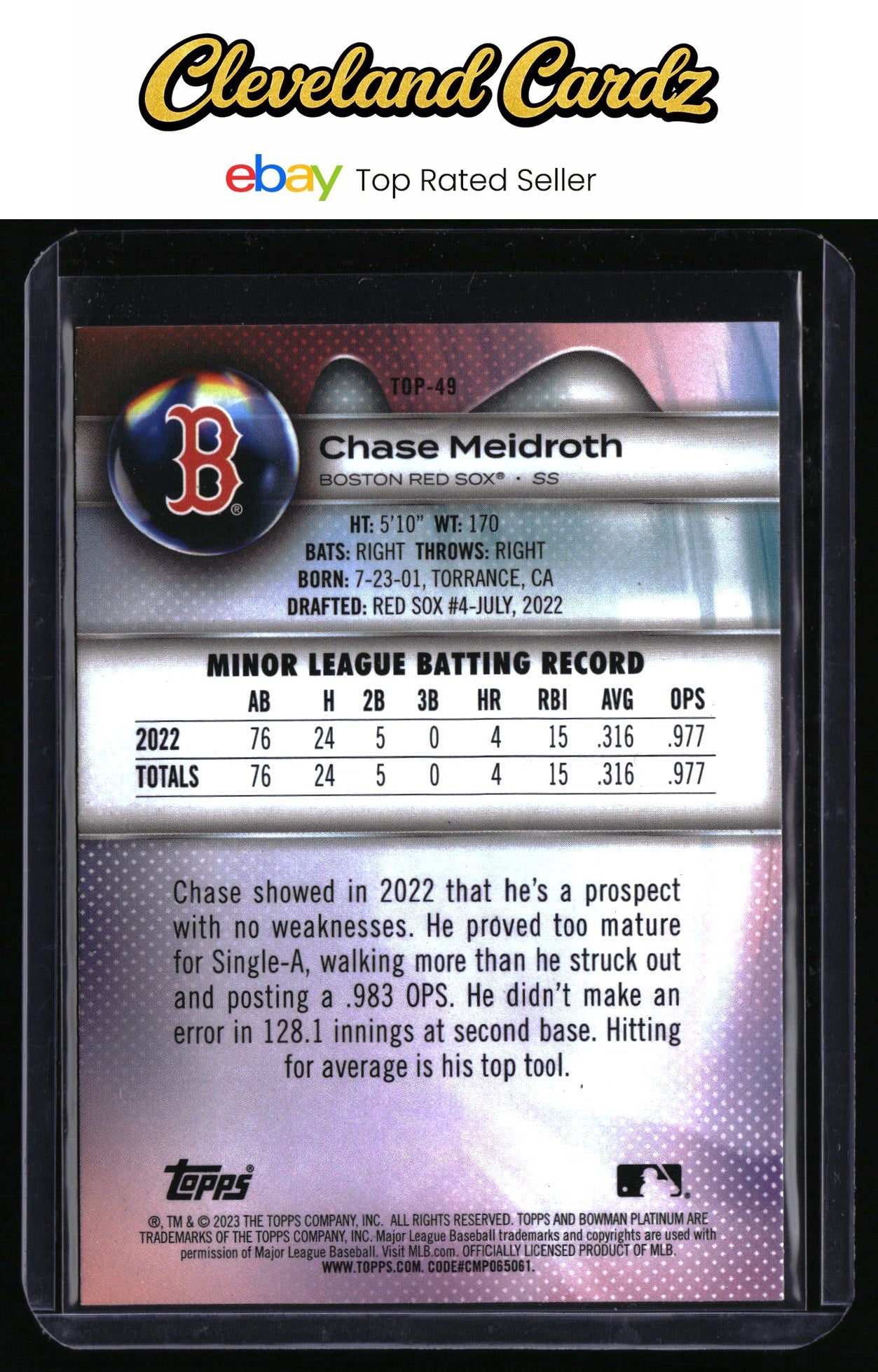 2023 Bowman Platinum #TOP-49 Chase Meidroth Top Prospects Ice Foil