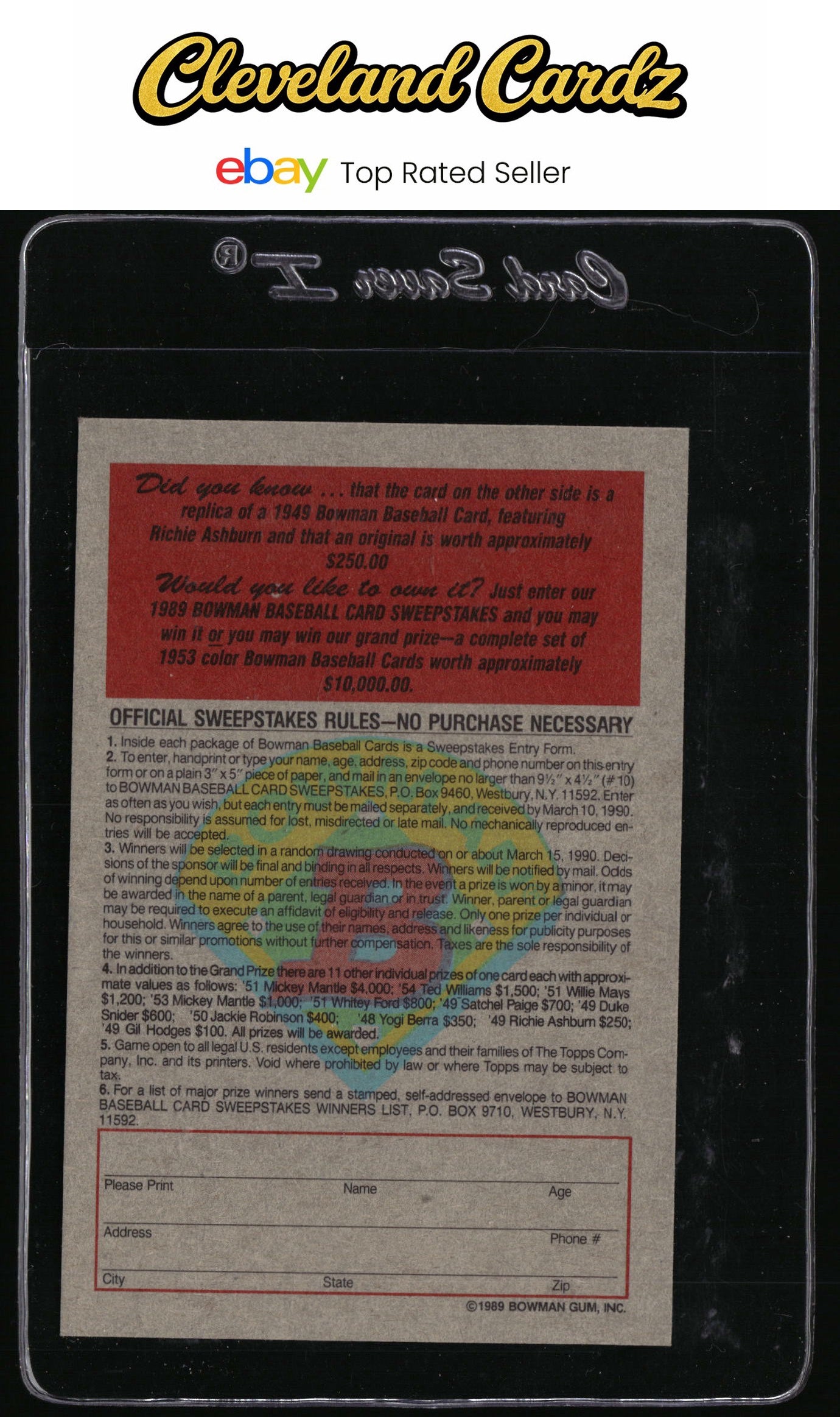 1989 Bowman #NNO Richie Ashburn Reprint Sweepstakes (Tiffany)