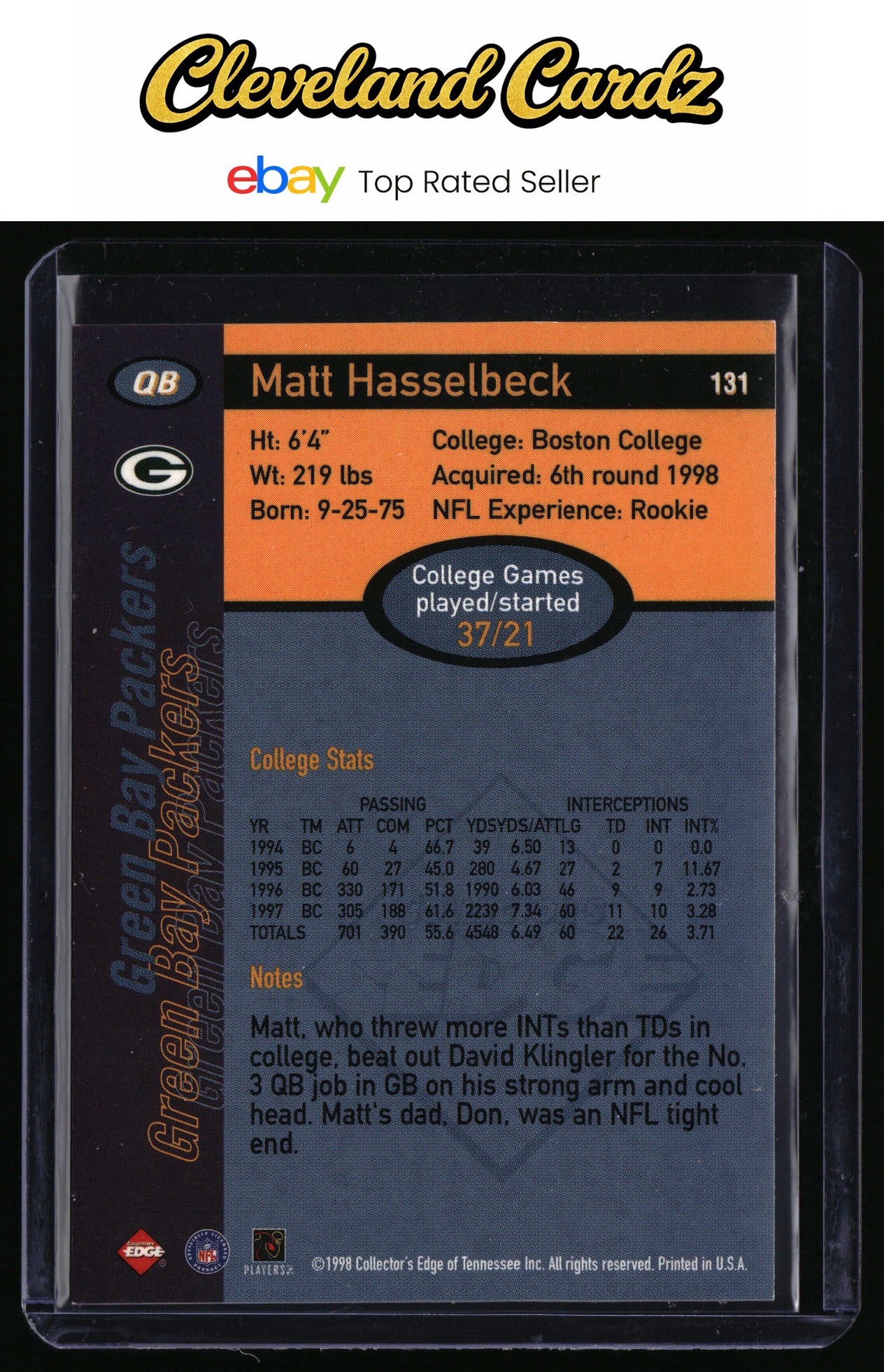 1998 Collector's Edge First Place #131 Matt Hasselbeck 50-Point RC