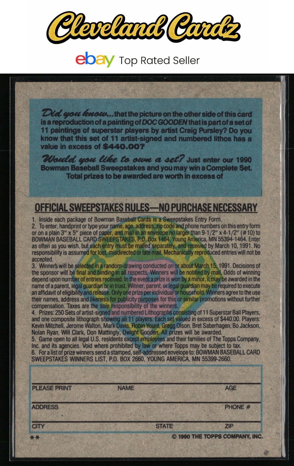 1990 Bowman #NNO Doc Gooden Sweepstakes