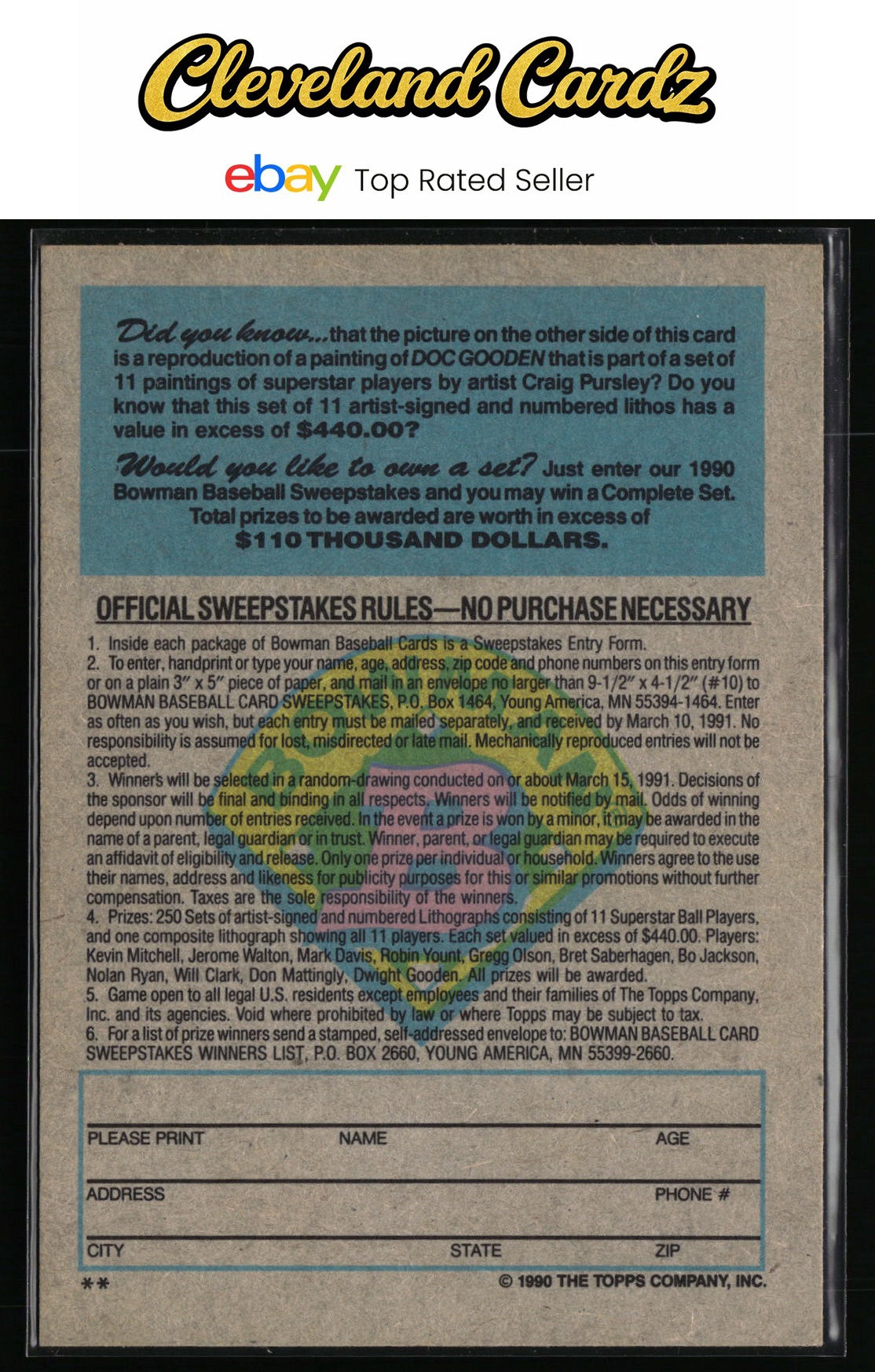 1990 Bowman #NNO Doc Gooden Sweepstakes