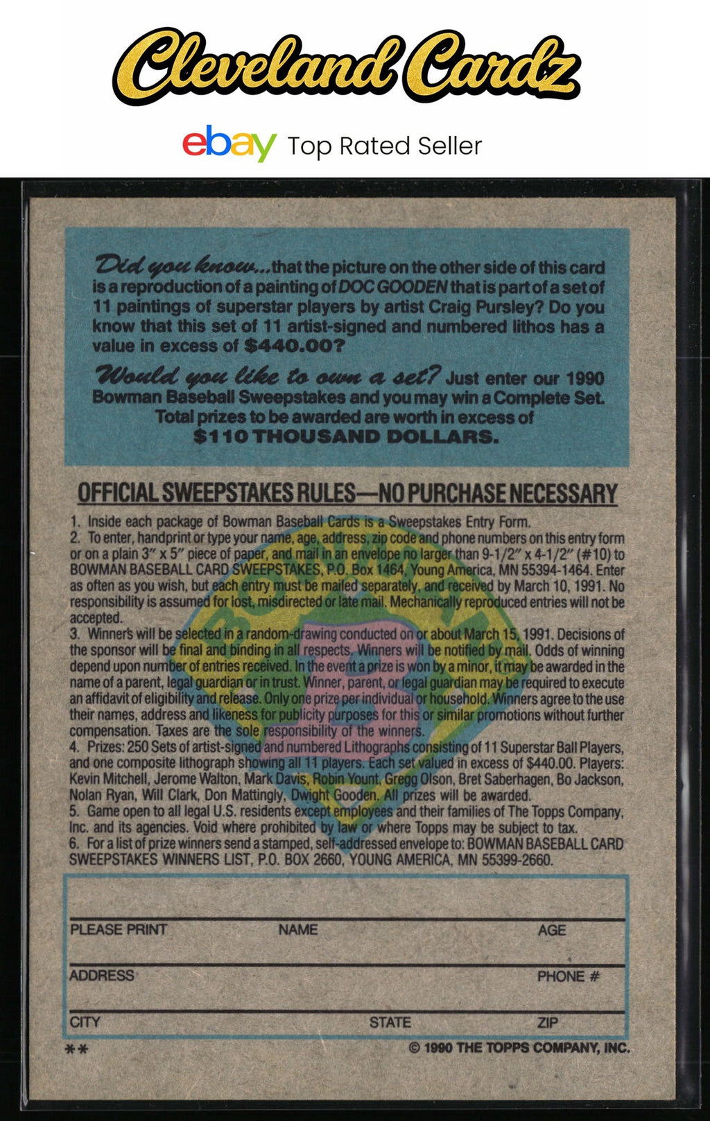 1990 Bowman #NNO Doc Gooden Sweepstakes