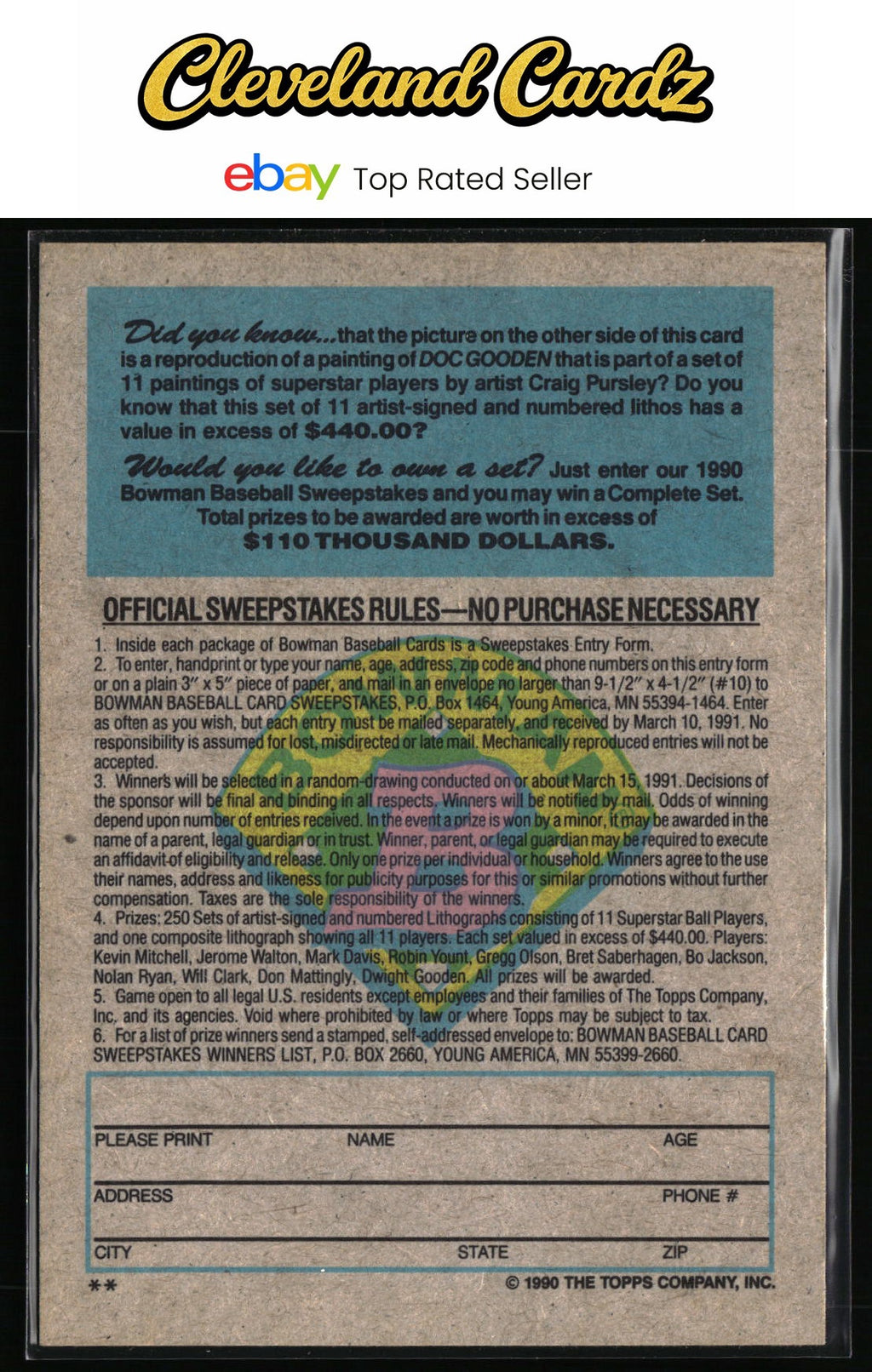 1990 Bowman #NNO Doc Gooden Sweepstakes