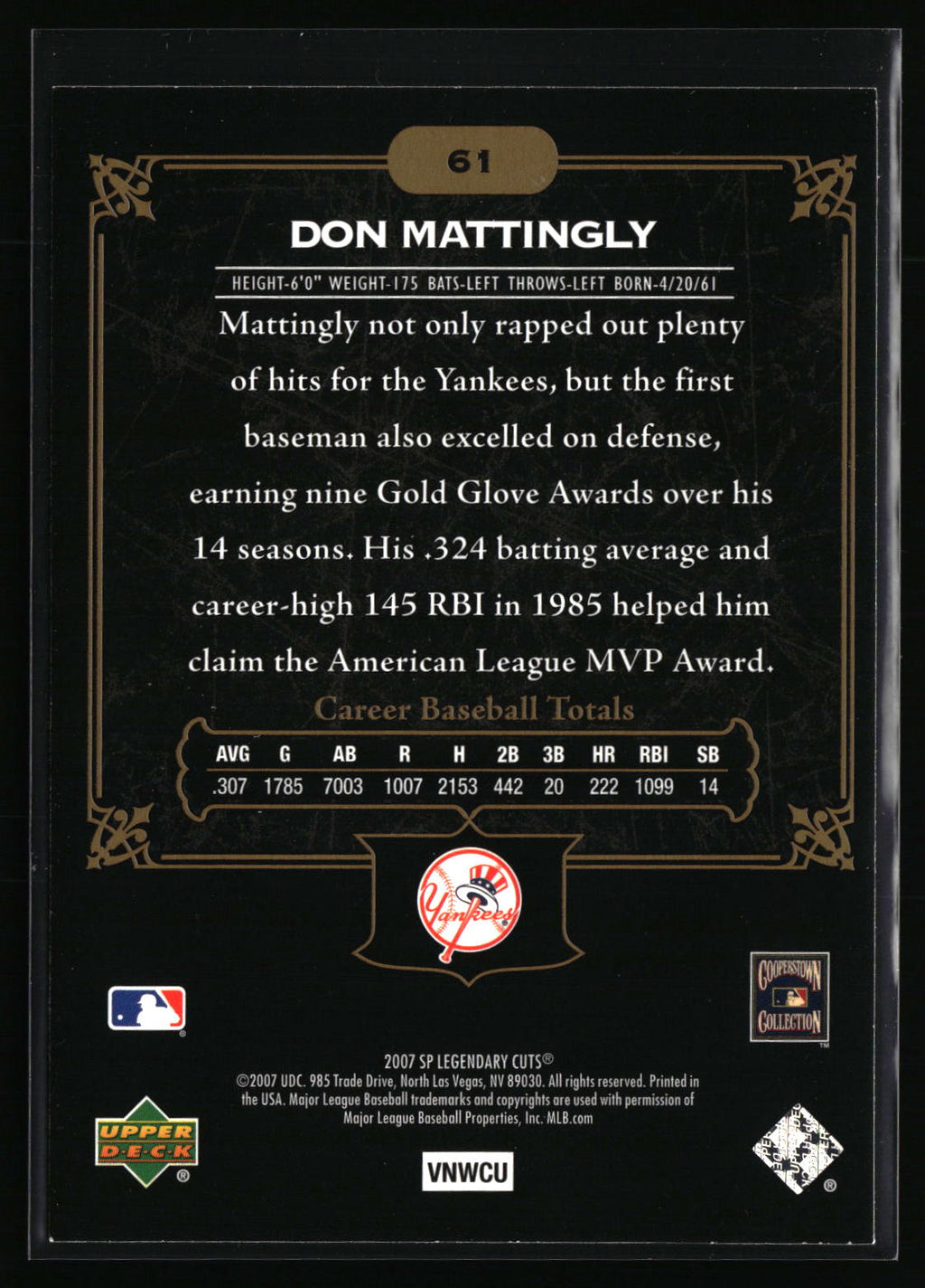 2007 SP Legendary Cuts #61 Don Mattingly