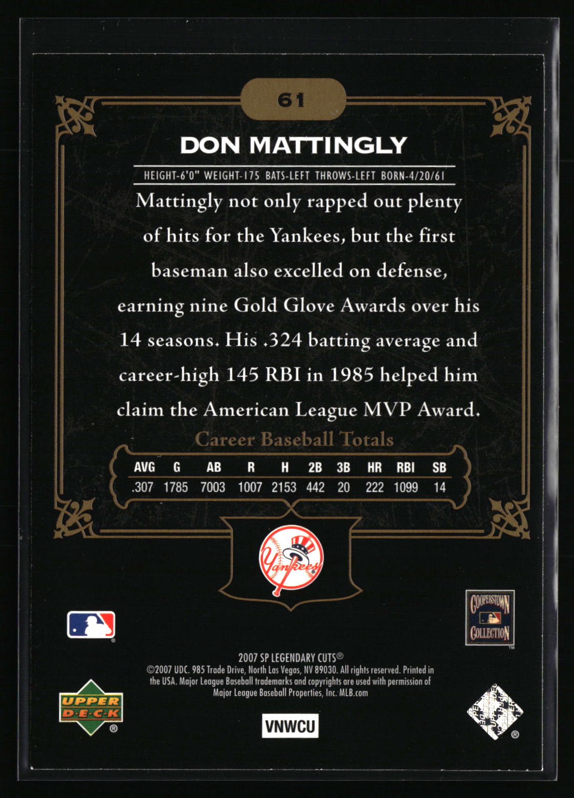 2007 SP Legendary Cuts #61 Don Mattingly