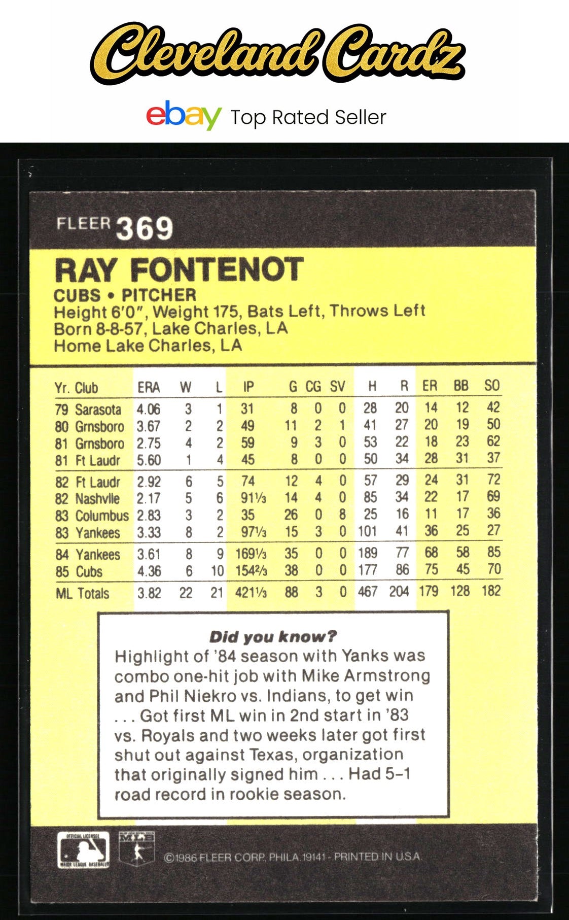 1986 Fleer #369 Ray Fontenot