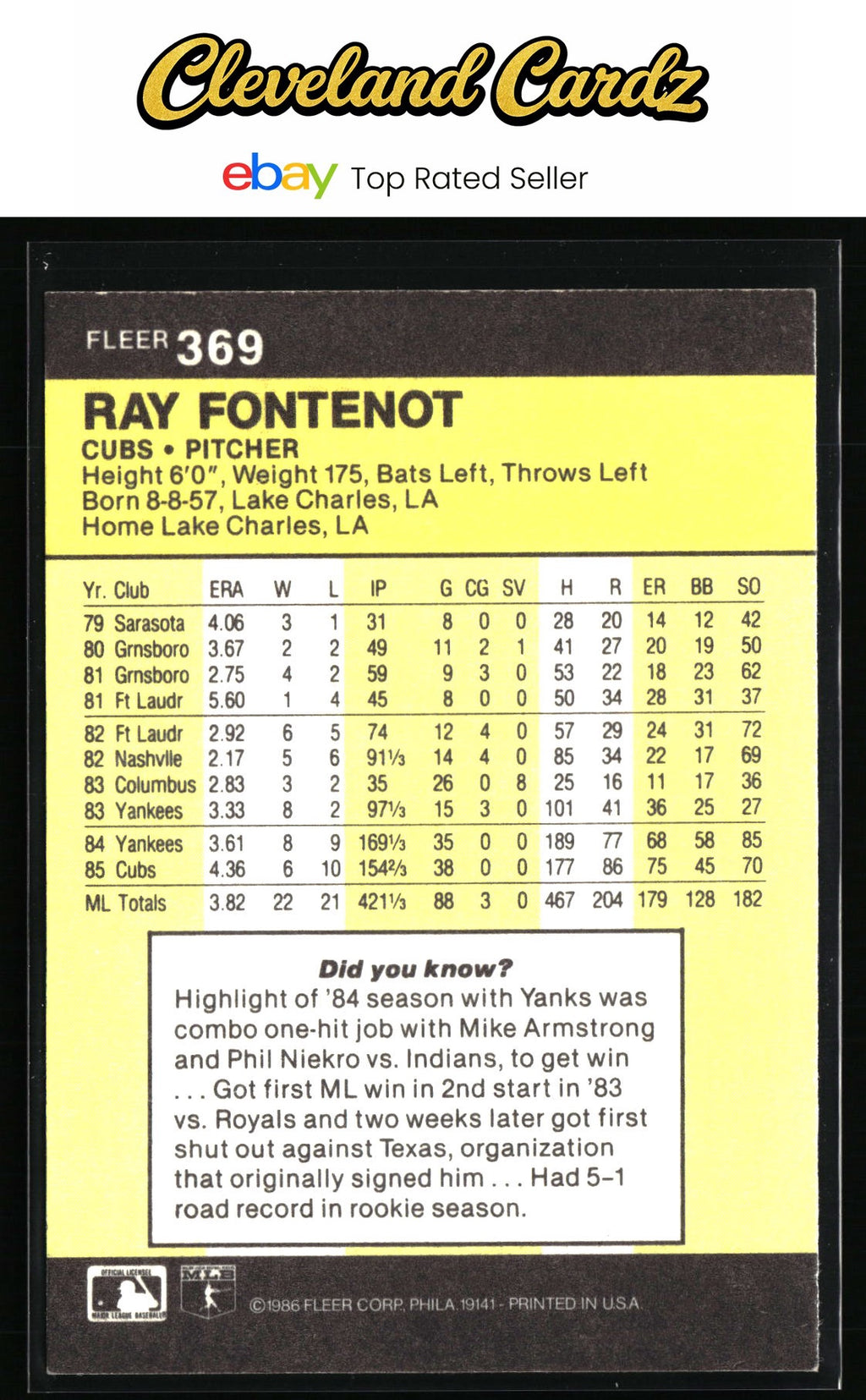 1986 Fleer #369 Ray Fontenot