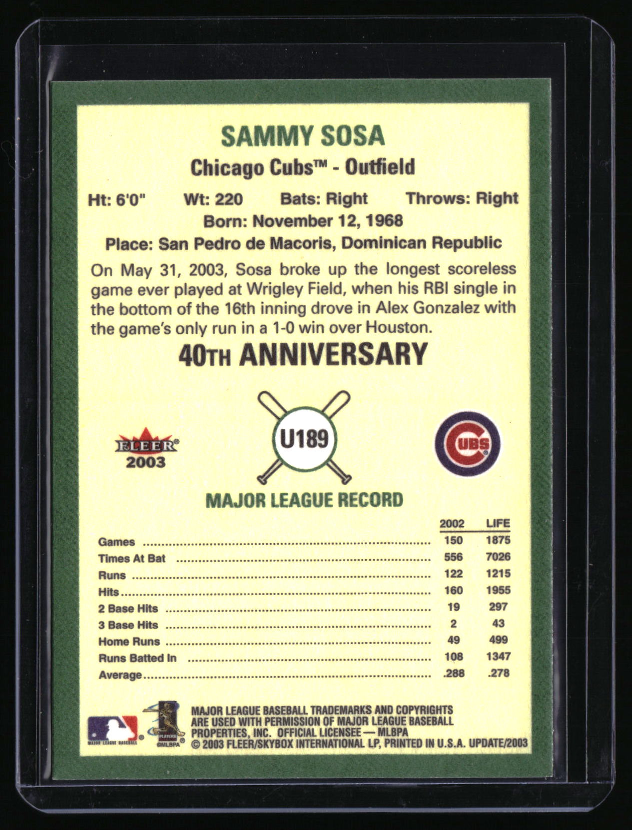2003 Fleer Tradition Update #U189 Sammy Sosa