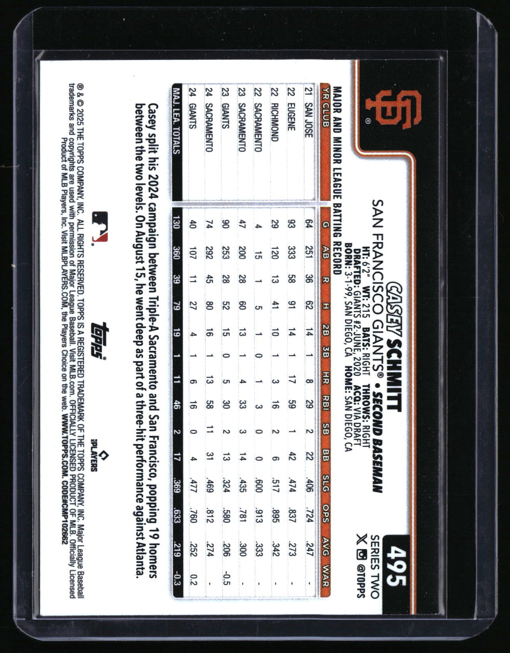 2025 Topps #495 Casey Schmitt Yellow Tinsel