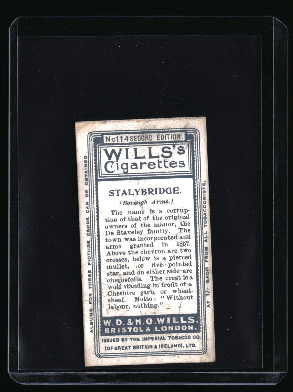 1905 Wills's Cigarettes Borough Arms #114 Stalybridge
