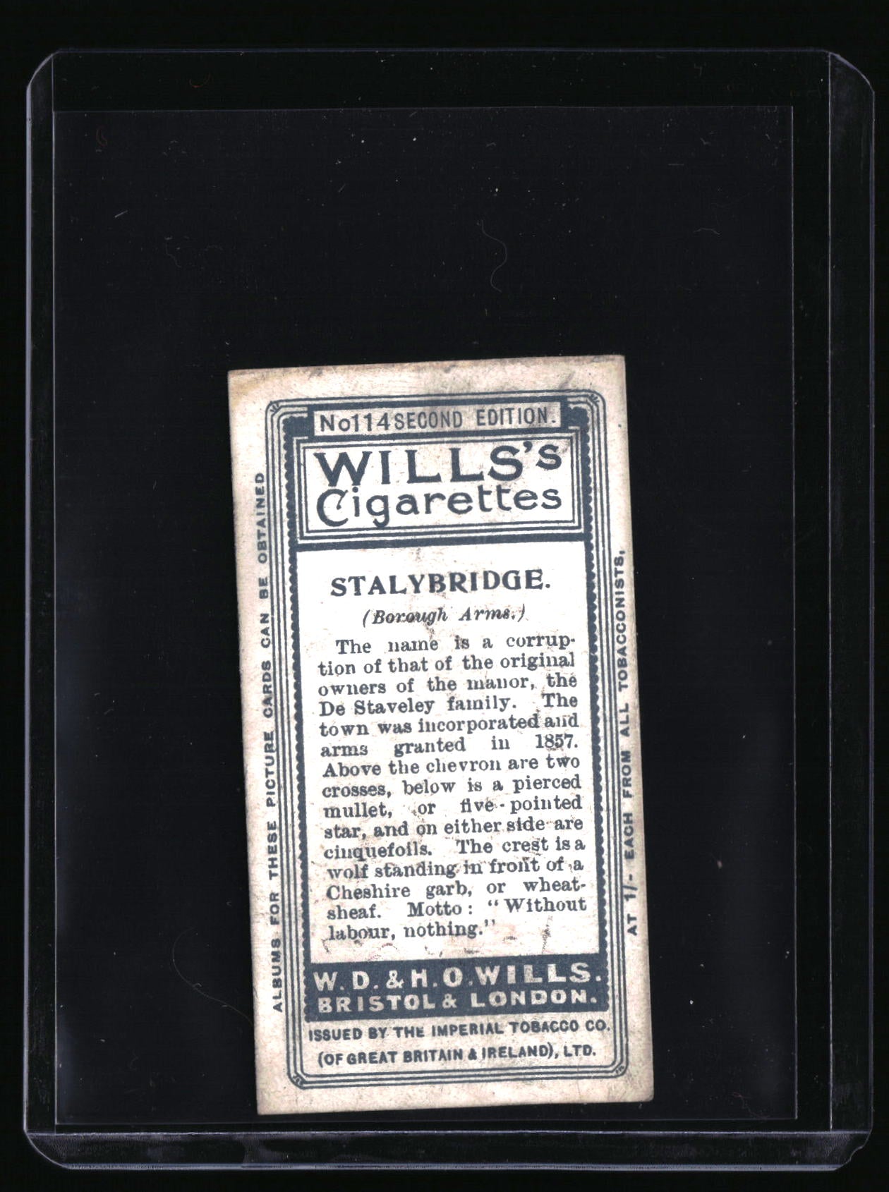 1905 Wills's Cigarettes Borough Arms #114 Stalybridge