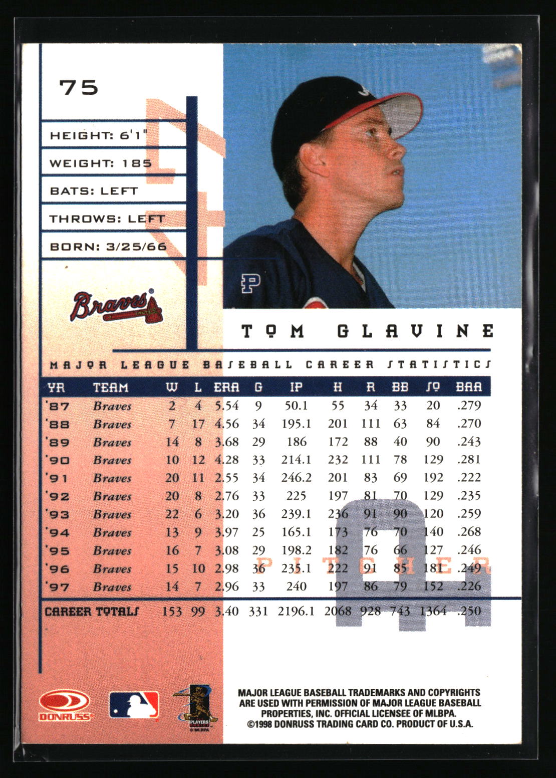 1998 Leaf Rookies & Stars #75 Tom Glavine