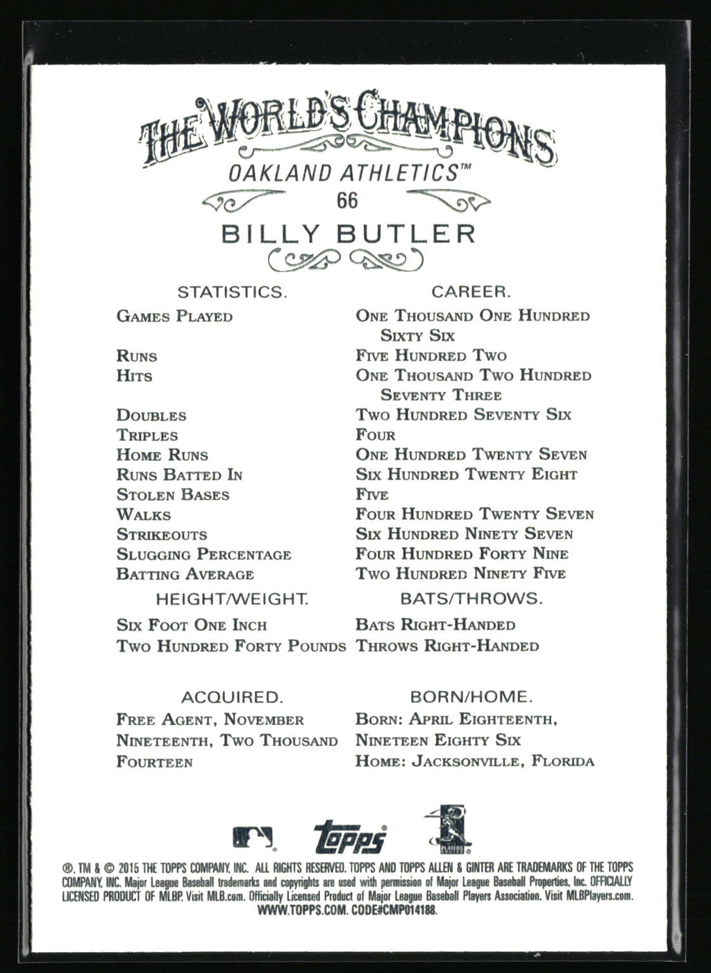 2015 Topps Allen & Ginter #66 Billy Butler