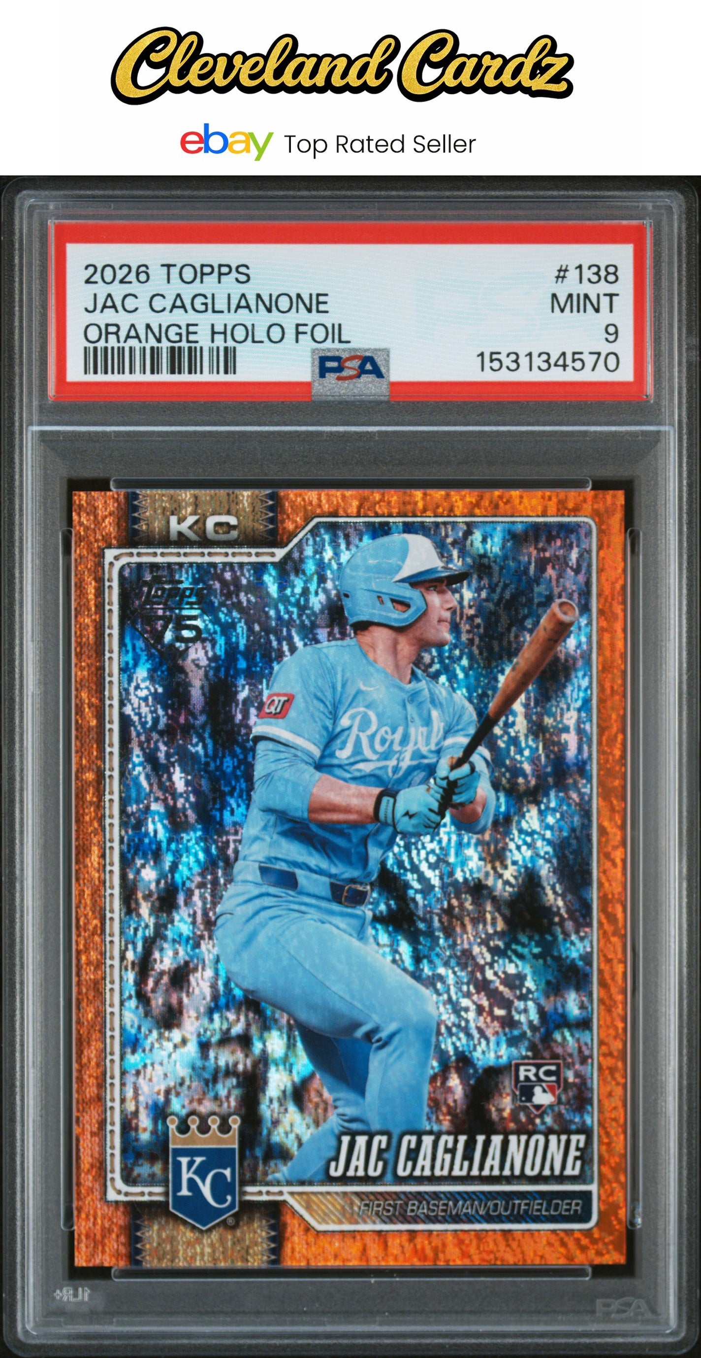 2026 Topps #138 Jac Caglianone Orange Holo Foil JERSEY MATCH #14/25 PSA9 RC POP1