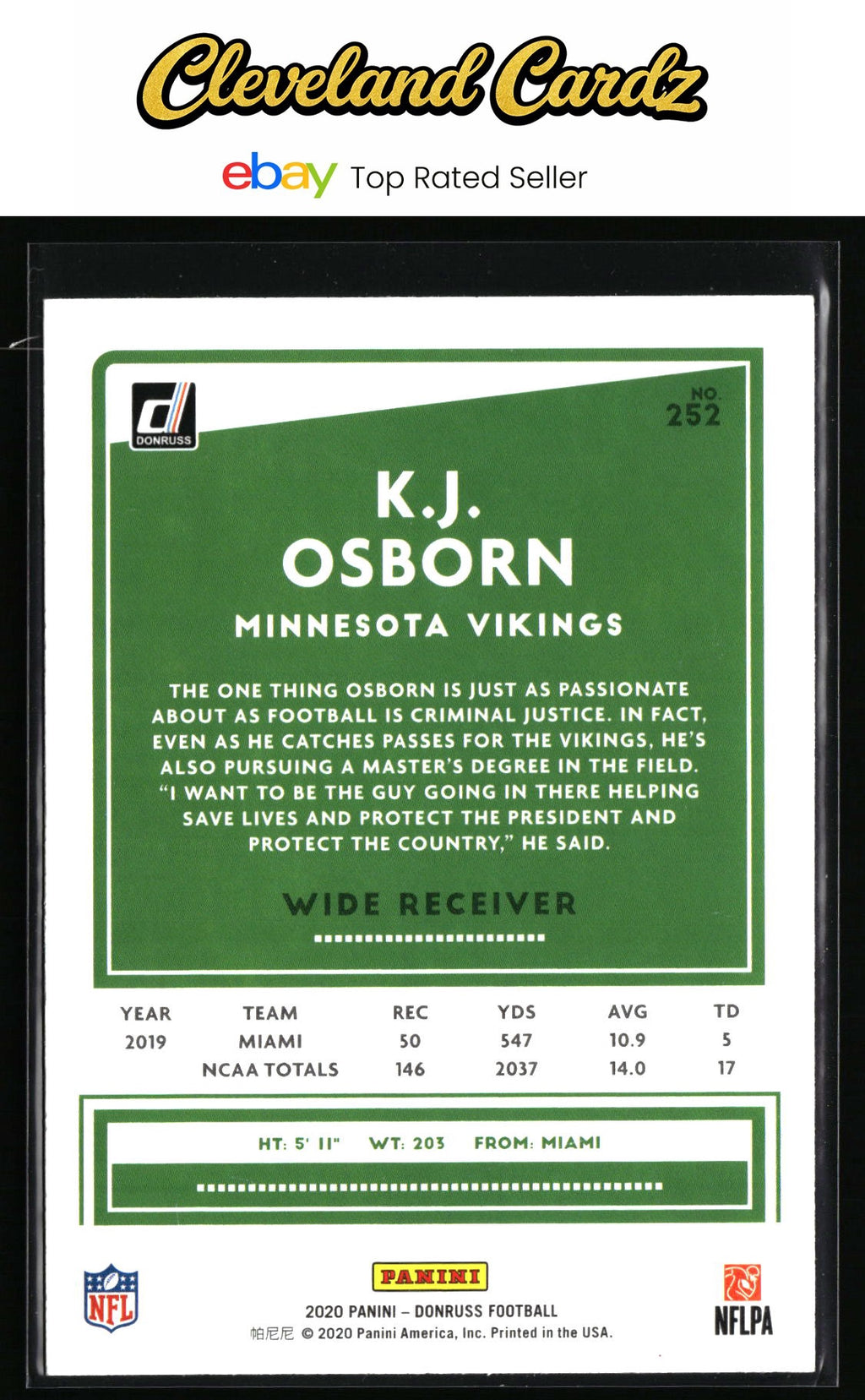 2020 Donruss #252 K.J. Osborn Press Proof Yellow