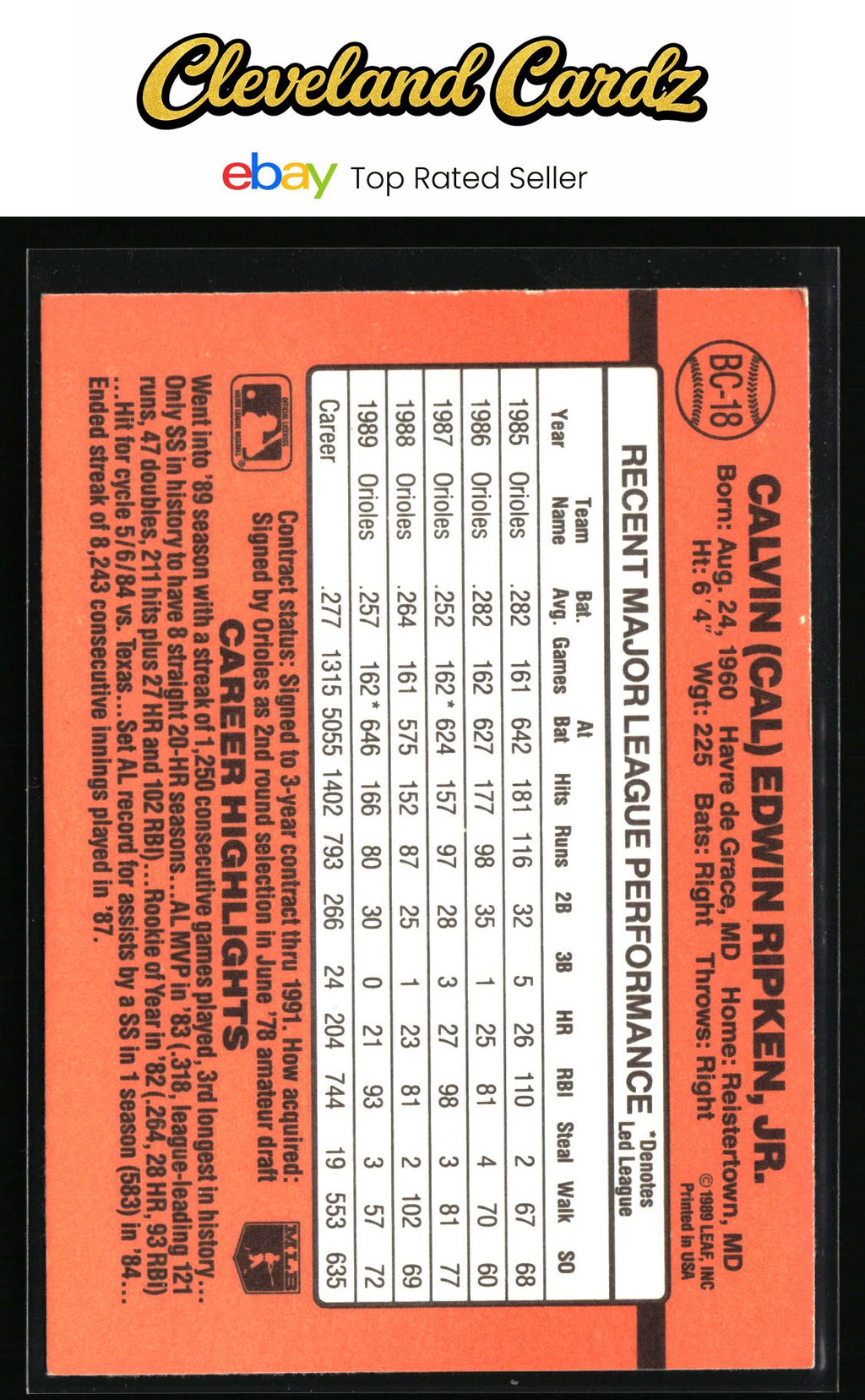 1990 Donruss #BC-18 Cal Ripken Bonus MVP's