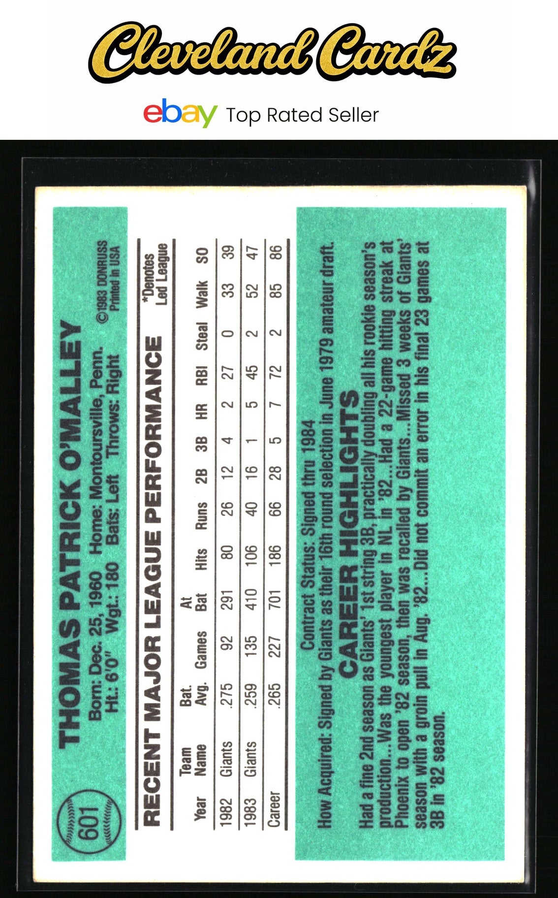 1984 Donruss #601 Tom O'Malley