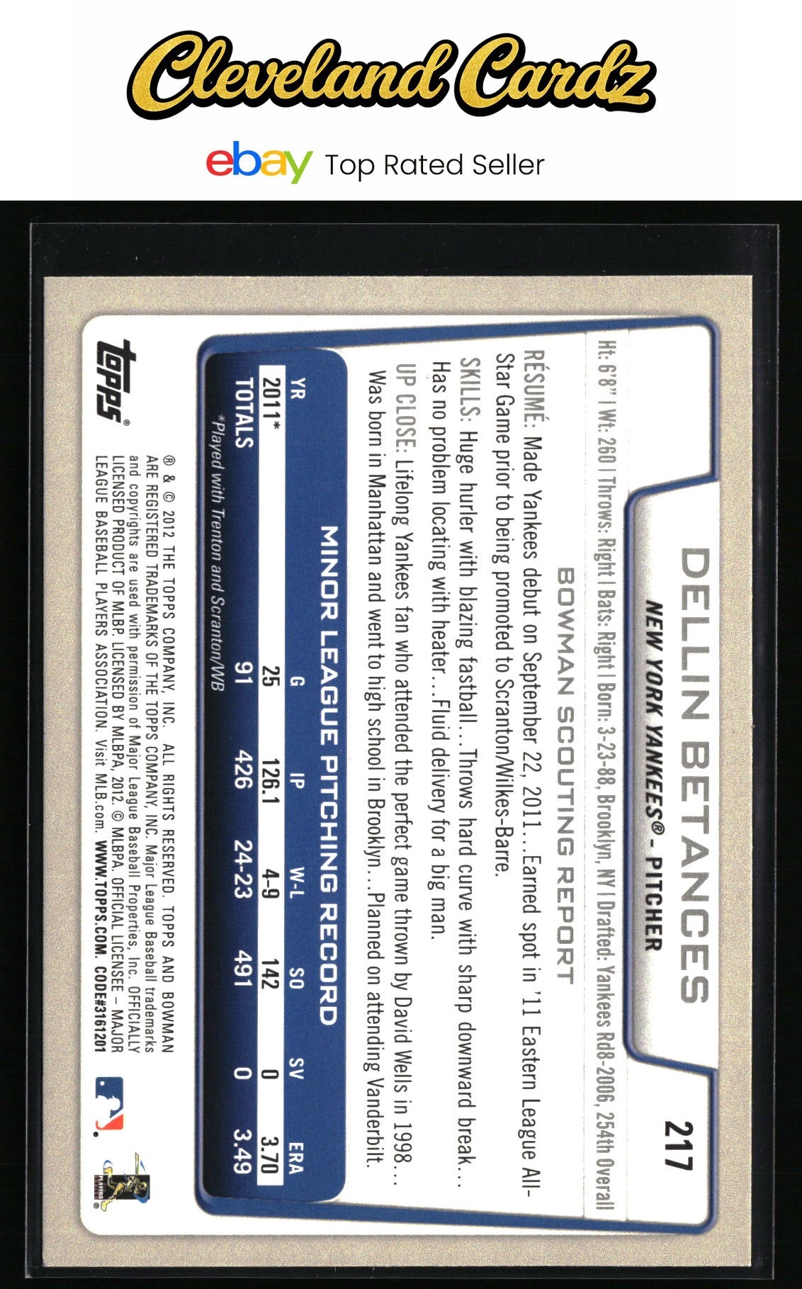 2012 Bowman #217 Dellin Betances Gold