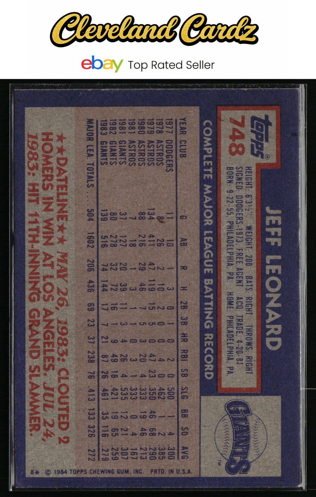 1984 Topps #748 Jeff Leonard