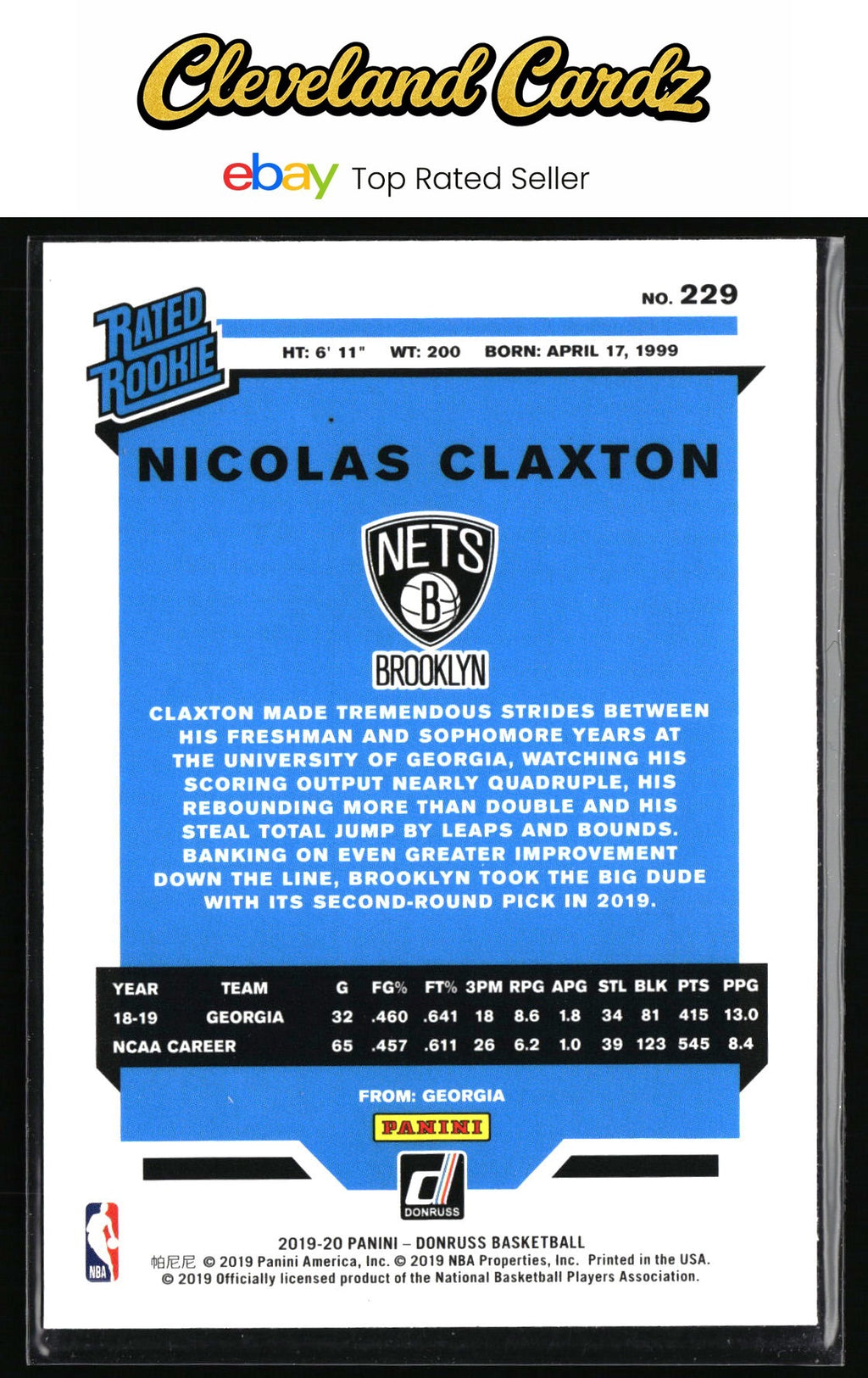 2019-20 Donruss #229 Nicolas Claxton RC