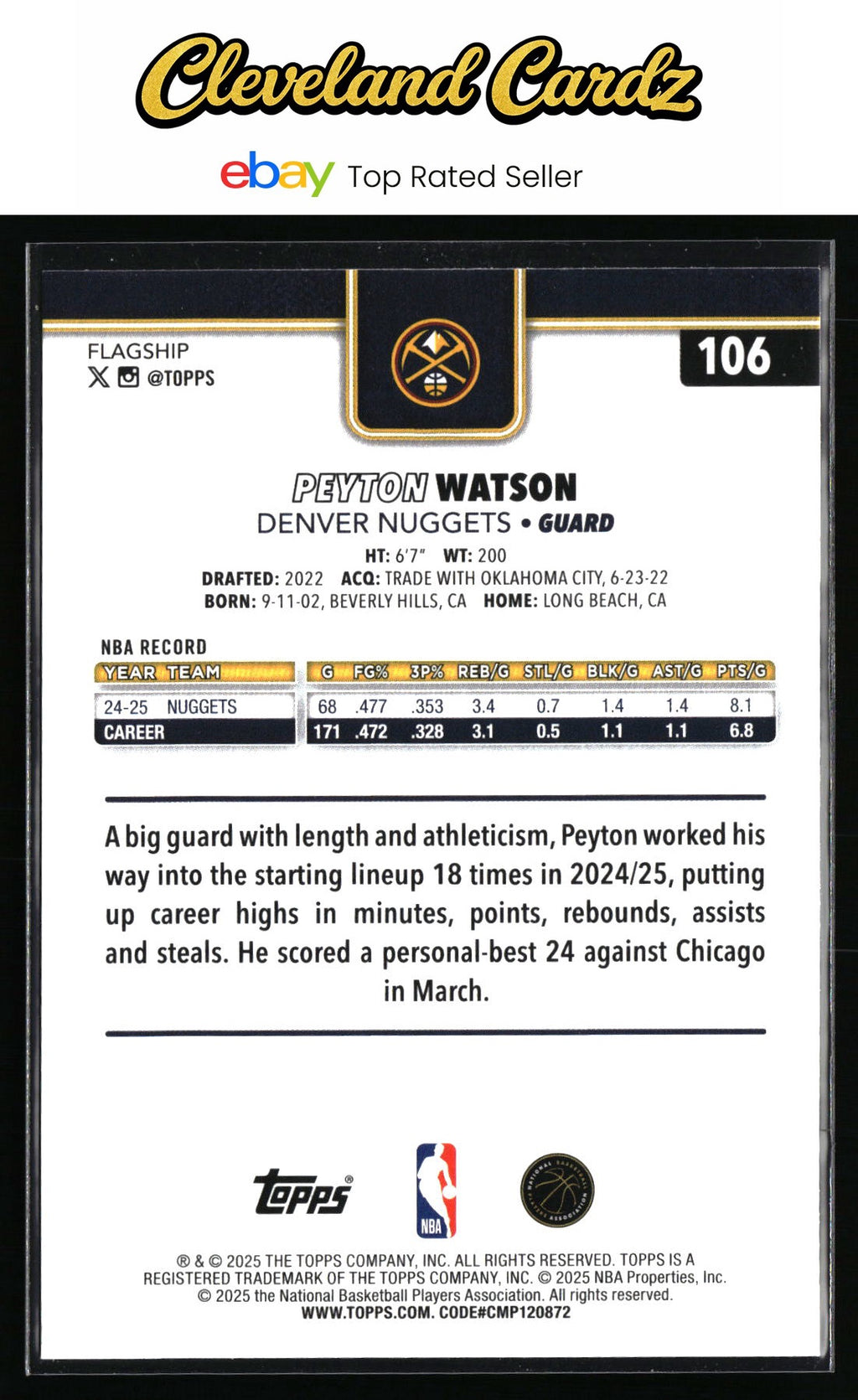 2025-26 Topps #106 Peyton Watson Gold #/2025