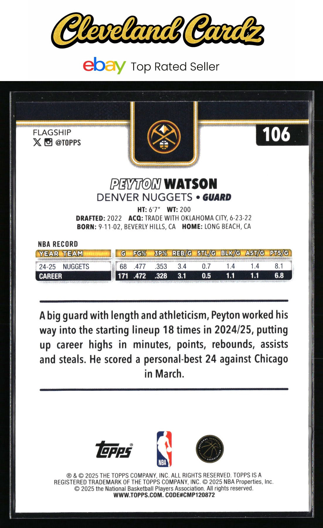 2025-26 Topps #106 Peyton Watson Gold #/2025