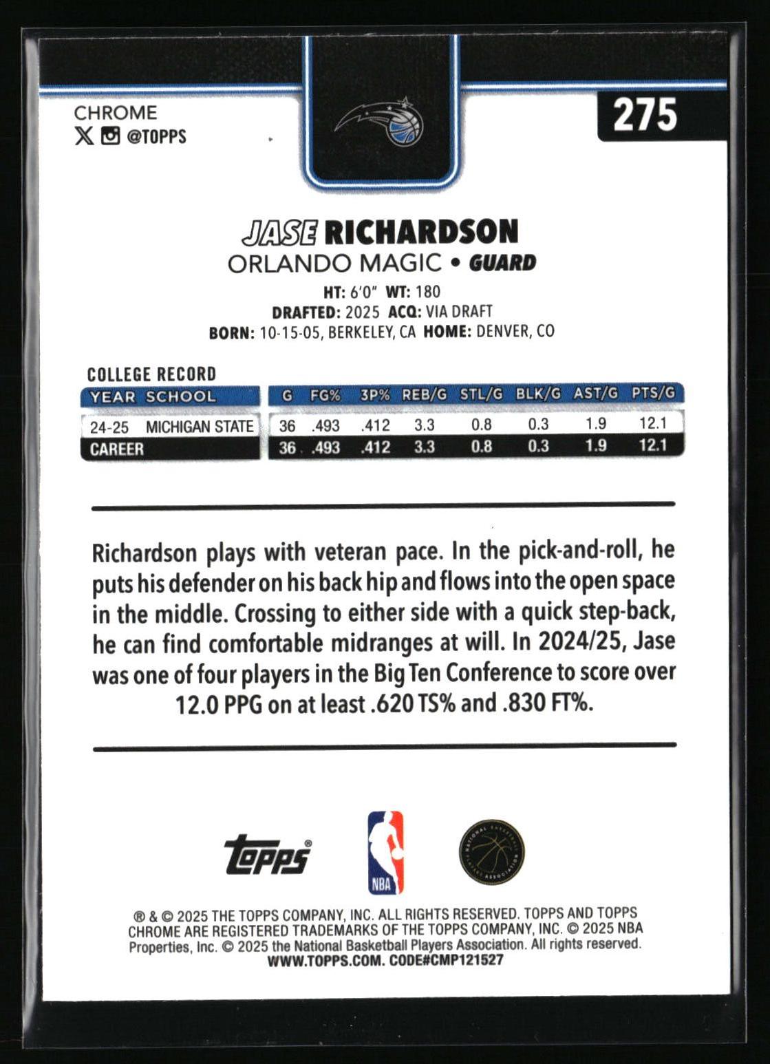 2025-26 Topps Chrome #275 Jase Richardson X-Fractor RC