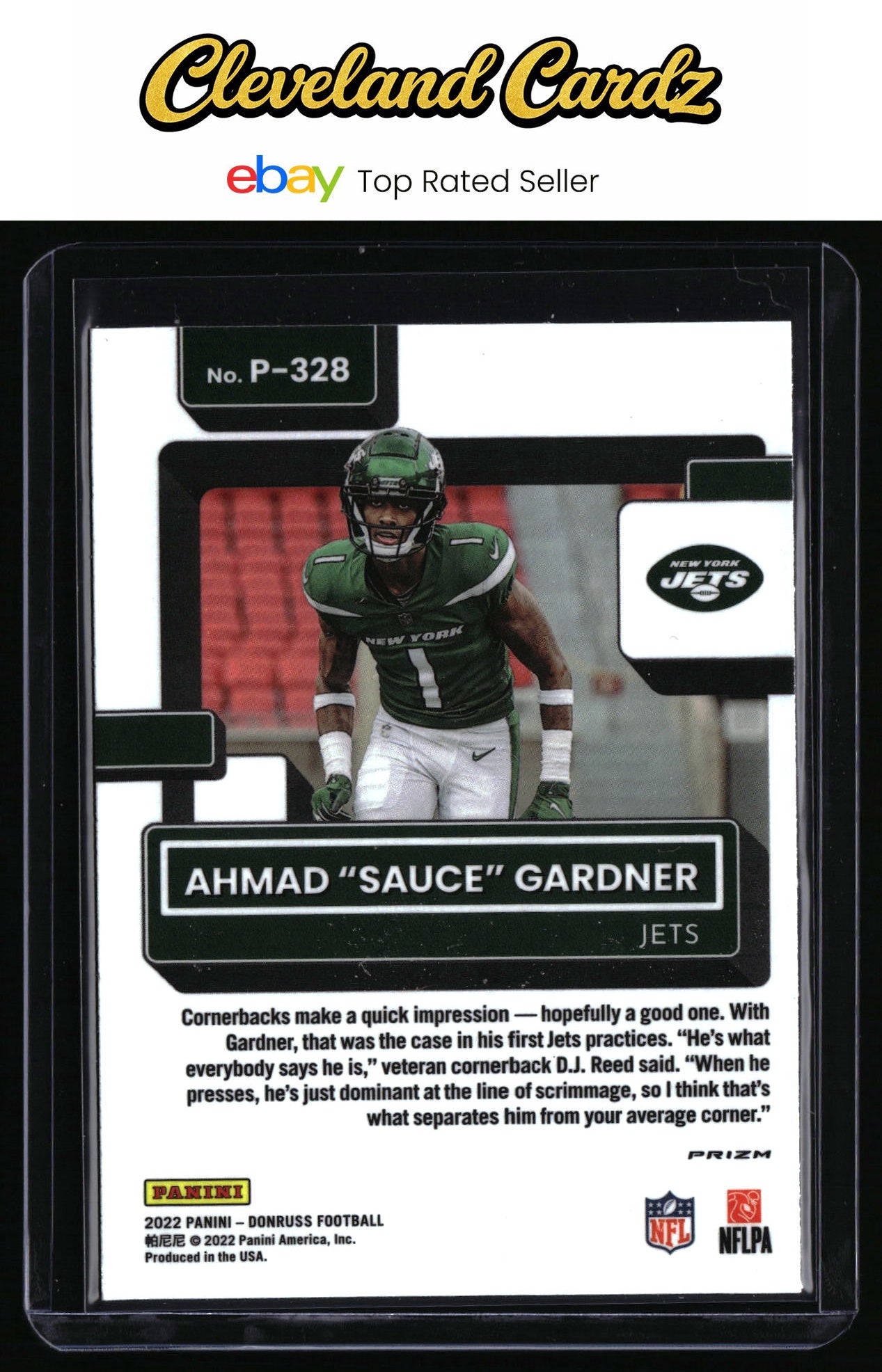 2022 Donruss #P-328 Ahmad "Sauce" Gardner Rated Rookies Red and Green RC