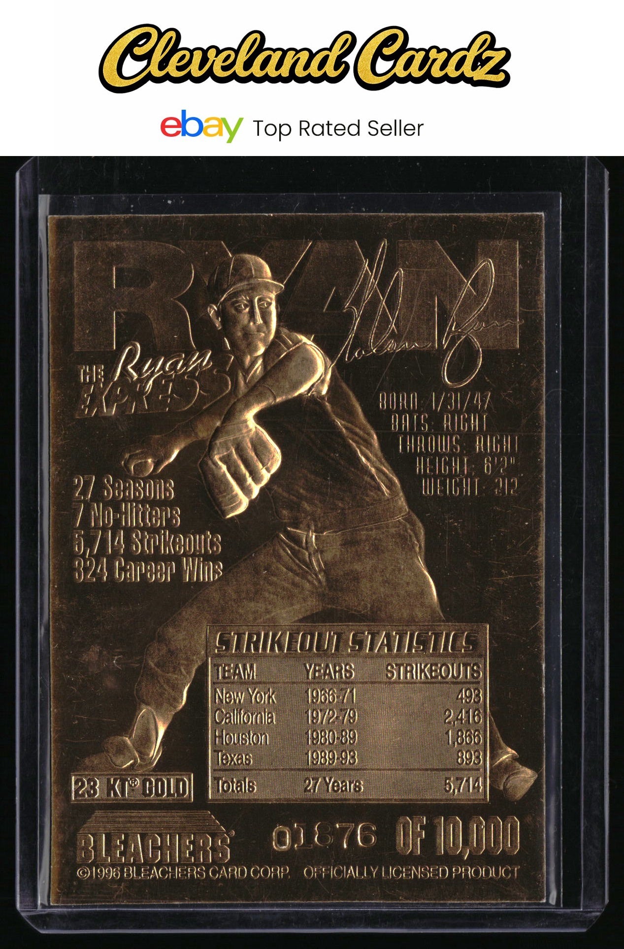 1996 Bleachers 23KT Gold Foil Sculptured #NNO Nolan Ryan #/10000
